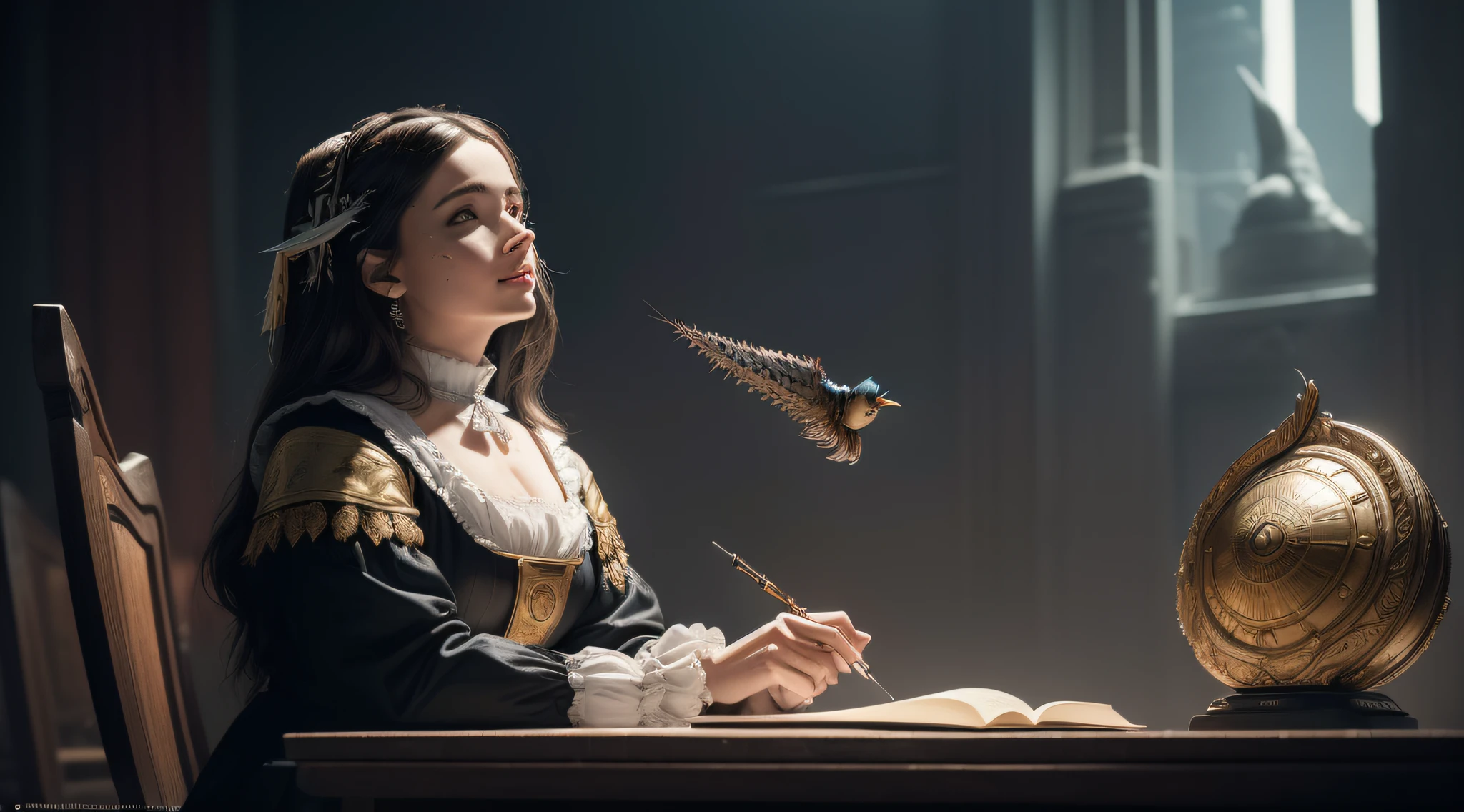 (master part | master part), Realistic | fotorrealista, fotorrealista, cinemactic, 8k ,(((Lady Ada Lovelace, uma menina de 11 anos)))),(((( em 1820))) (sorridente))) (((((Olhando para cima))))),sentado em uma mesa , ((((head up))))), , (((((pensante, imaginando que ela pode voar))))),escrever com um tinteiro e ((((Peacoock Quill)))), Mathematical calculations dreaming Tofly ,angle | dinamic angle | dynamic photo), ((Posar realista )) | Posar), ((fotos high-end | fotos high-end | best quality | best quality) obra-prima de arte intrincada, agourento, cartaz de filme de pintura fosca, proportion Aurea, trending in cgsociety, intrincado, trending on ArtStation, por artgerm, h. r. Giger e Beksinski, altamente detalhado, vibrante, Rendering of cinematic characters