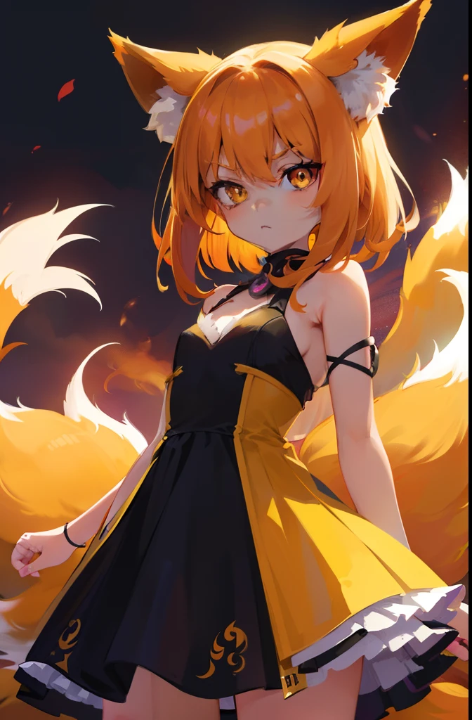Volumetric Lighting, Best Shadows, Portrait Of Stunningly Beautiful Girl, Petite, Delicate Beautiful Attractive Face With Alluring Yellow Eyes, Small chest, small breasts, Short orange hair, Slim Waist, Standing, (Highest Quality, Amazing Details:1.25), Brilliant Colorful Paintings, anime character dressed a dress with a fox tail, fox, kitsune, a beautiful fox lady, a beautiful kitsune woman, goth makeup, goth clothes, full body, portrait