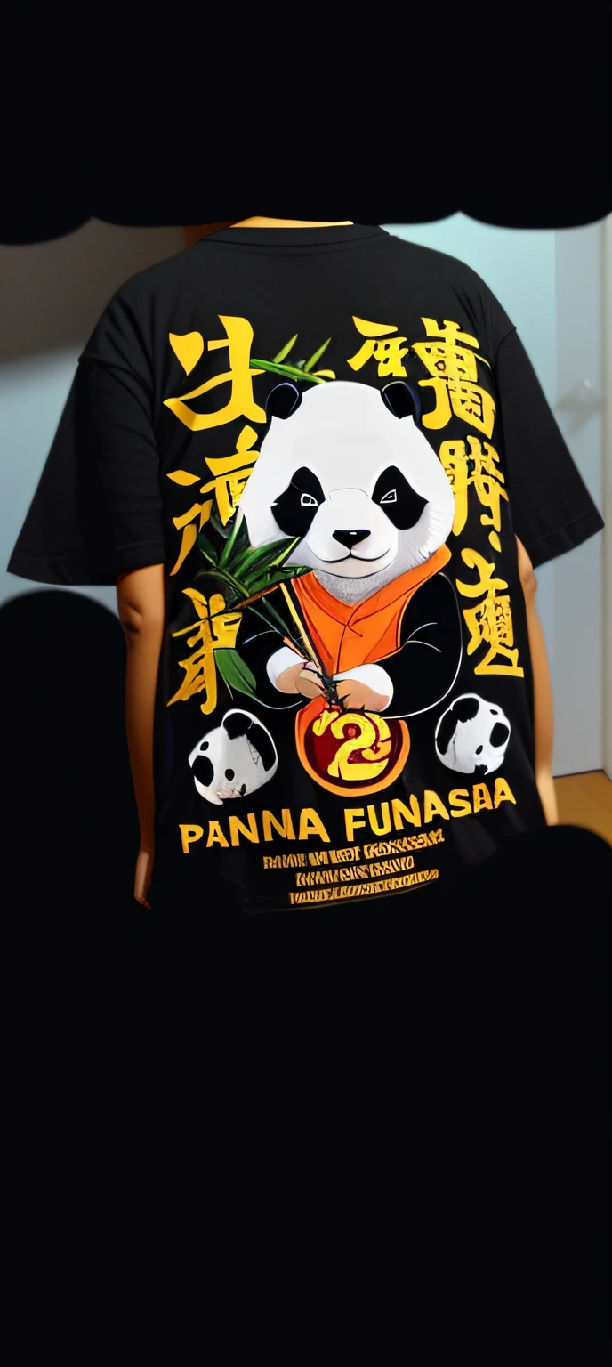 um close up de uma pessoa vestindo uma camisa com um panda, in the style of sifu 🔥 😎 🕹️ 👀 :2, design de tshirt, design de camiseta, T - Design de Camisa, design de camisetas, design da camisa, Panda Panda Panda, chinnese mafia, inspirado em Miao Fu, panda, inspirado em Luo Mu