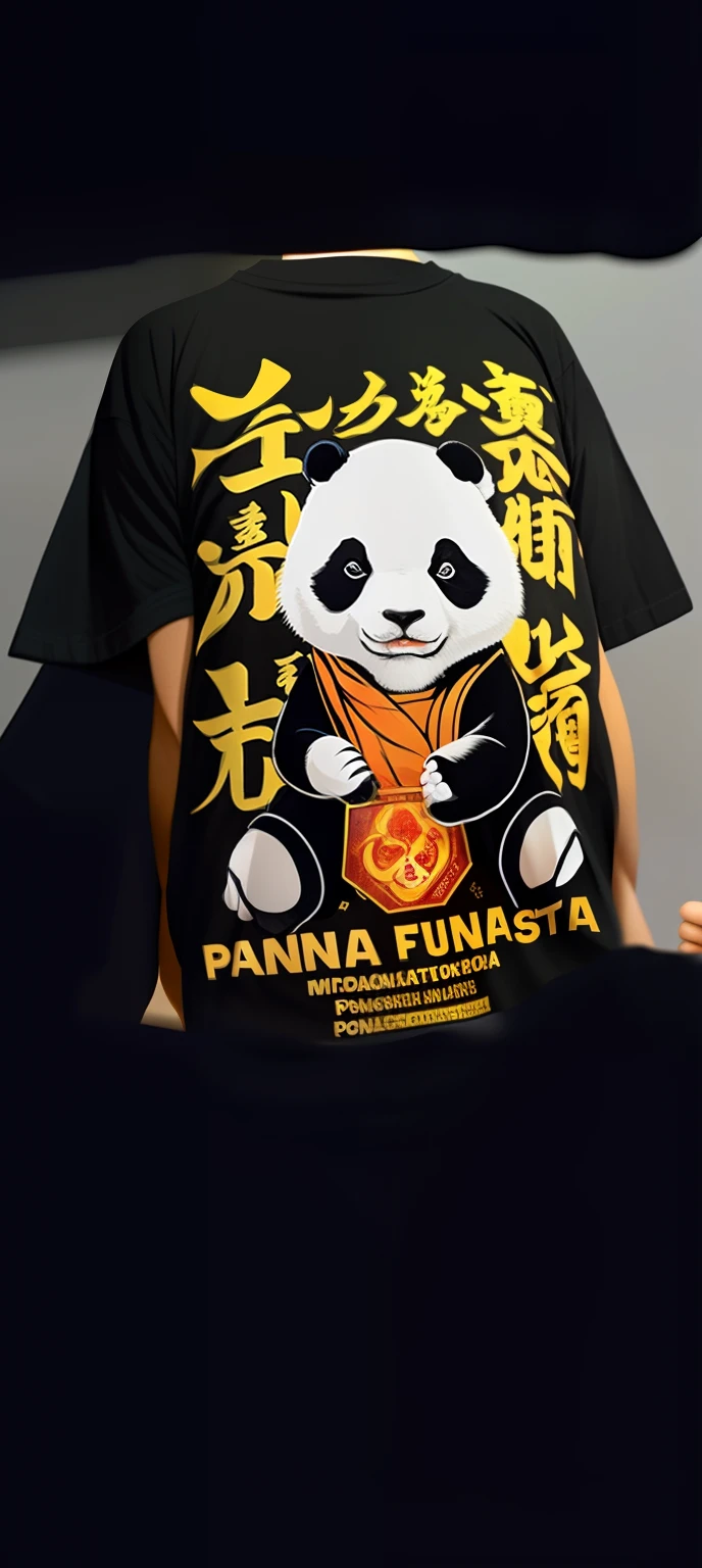um close up de uma pessoa vestindo uma camisa com um panda, in the style of sifu 🔥 😎 🕹️ 👀 :2, design de tshirt, design de camiseta, T - Design de Camisa, design de camisetas, design da camisa, Panda Panda Panda, chinnese mafia, inspirado em Miao Fu, panda, inspirado em Luo Mu