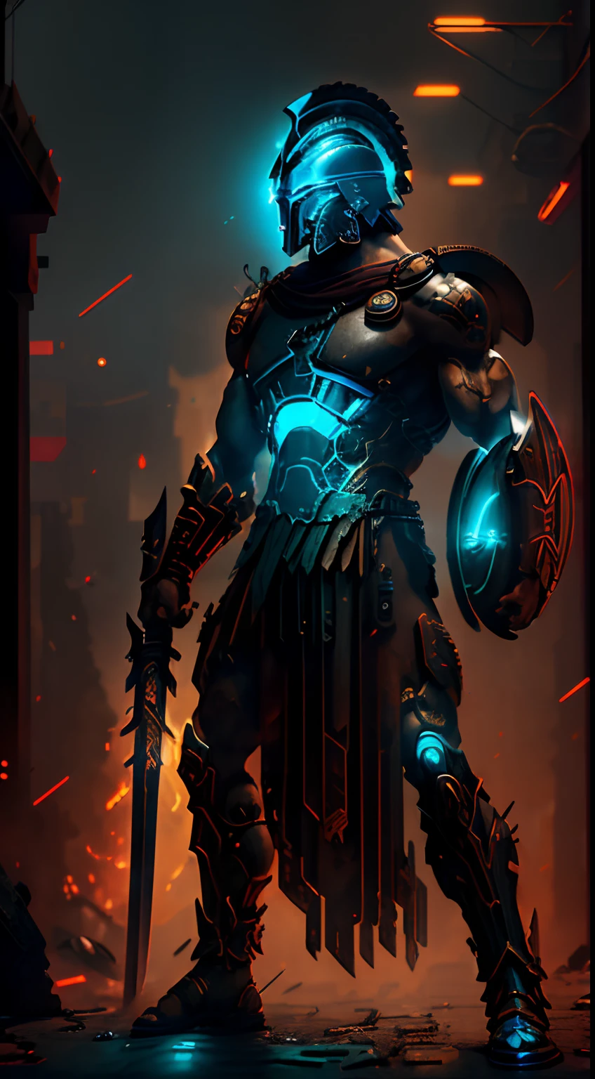 (Ultra resolution 8K), impresionante obra maestra,Cyberpunk Spartan warrior as titan of the digital age. Dressed in biomechanical armor of dark and metallic tones, his imposing figure fuses the elegance of ancient Greece with the sophistication of advanced technology.His cybernetic helmet frames a resolute face, in which cybernetic eyes glow with flashes of blue light. Luminescent circuit lines snake through your skin, And digital tattoos change pattern as they connect to the global network. Its robotic limbs glide with deadly precision, while its modified human body exhibits sculpted and streamlined musculature.The warrior wields a sword with a nanotechnology blade, whose advantage adapts to each enemy and situation. Your cybernetic pulse synchronizes with data streams, allowing you to foresee enemy movements with lethal accuracy. Fight in the neon alleys of the megacity, donde los destellos de hologramas y anuncios digitales se mezclan con las chispas de sus impactos.This cyberpunk Spartan warrior embodies a unique fusion between ancestral strength and technological innovation. Su presencia inspira respeto y asombro, Reminding everyone that even in the age of machines, The indomitable essence of the warrior continues to burn in his heart of metal and flesh.(Quality lighting), agregar efecto al final