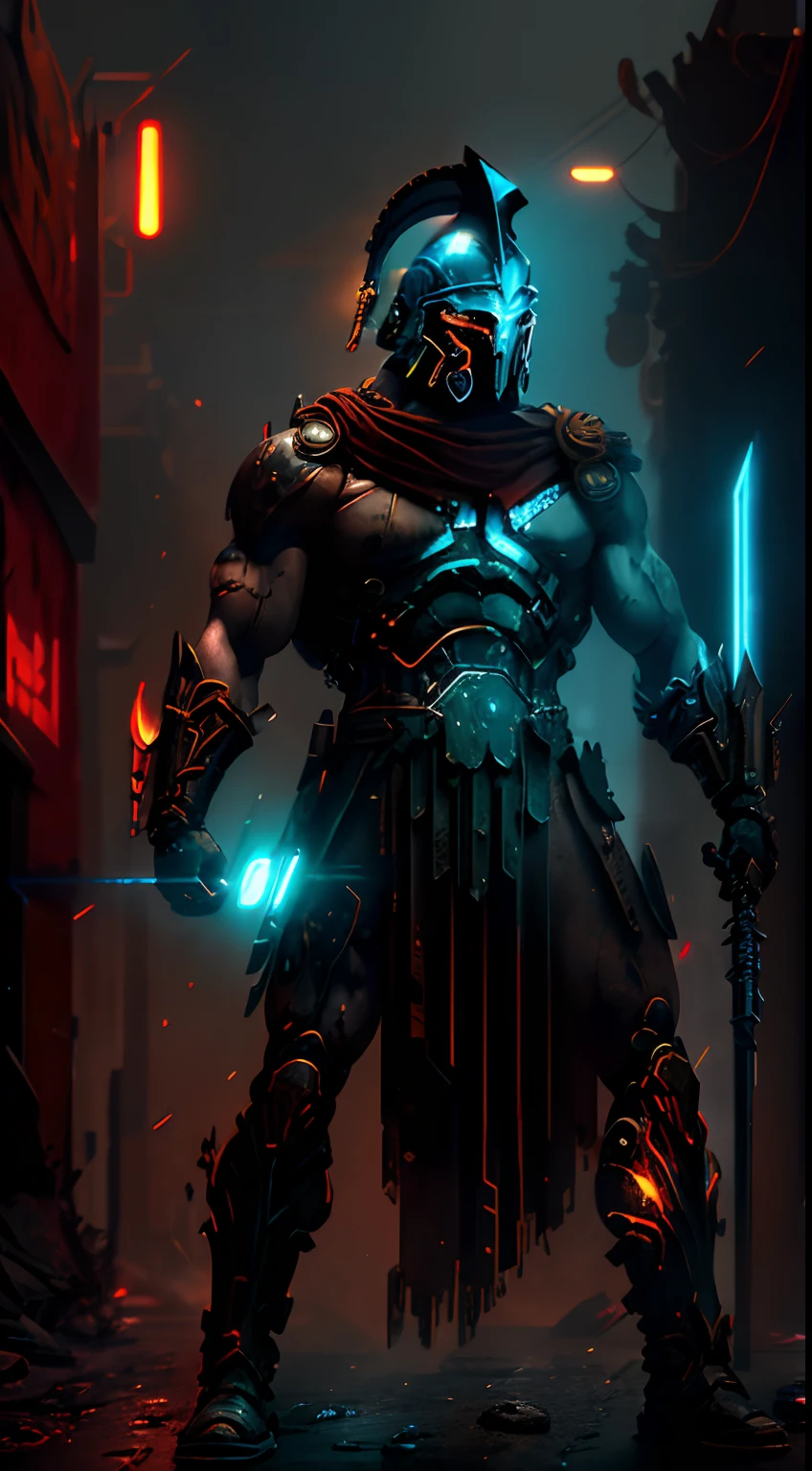 (Ultra resolution 8K), impresionante obra maestra,Cyberpunk Spartan warrior as titan of the digital age. Dressed in biomechanical armor of dark and metallic tones, his imposing figure fuses the elegance of ancient Greece with the sophistication of advanced technology.His cybernetic helmet frames a resolute face, in which cybernetic eyes glow with flashes of blue light. Luminescent circuit lines snake through your skin, And digital tattoos change pattern as they connect to the global network. Its robotic limbs glide with deadly precision, while its modified human body exhibits sculpted and streamlined musculature.The warrior wields a sword with a nanotechnology blade, whose advantage adapts to each enemy and situation. Your cybernetic pulse synchronizes with data streams, allowing you to foresee enemy movements with lethal accuracy. Fight in the neon alleys of the megacity, donde los destellos de hologramas y anuncios digitales se mezclan con las chispas de sus impactos.This cyberpunk Spartan warrior embodies a unique fusion between ancestral strength and technological innovation. Su presencia inspira respeto y asombro, Reminding everyone that even in the age of machines, The indomitable essence of the warrior continues to burn in his heart of metal and flesh.(Quality lighting), agregar efecto al final