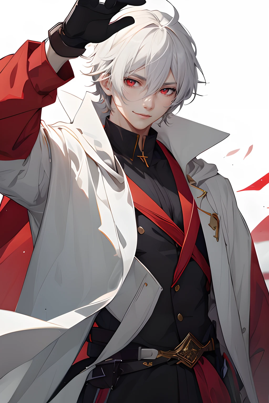 Anime - Imagen de estilo de un hombre con un abrigo rojo y cabello blanco, Keqing de Genshin Impact, Arte Zerochan, Personaje masculino de anime, Badass Anime 8K, Tendencias en ArtStation Pixiv, Arte detallado del personaje de anime, con ojos rojos brillantes, con ojos rojos brillantes, sonriendo, por Yang J, Chico guapo en el arte de Demon Slayer, por Shitao