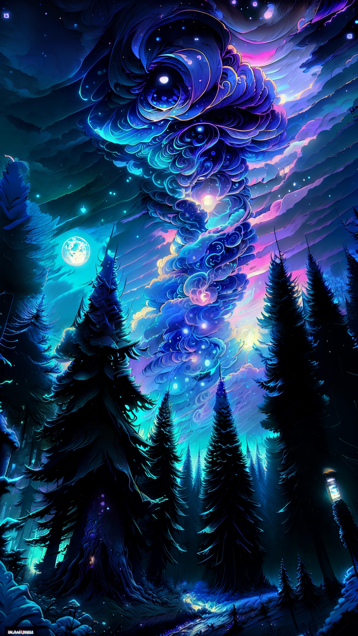 View of a forest with full moon and stars in the sky, 🌲🌌, Floresta e Lua, floresta noturna, Noite na floresta, Floresta iluminada pela lua, forest at night, Noite de Sonho, paisagem natural noturna, Noite de luar atmosfera sonhadora, Mystic Night, cena noturna tranquila da floresta, magical forest backround, Trees and stars Background