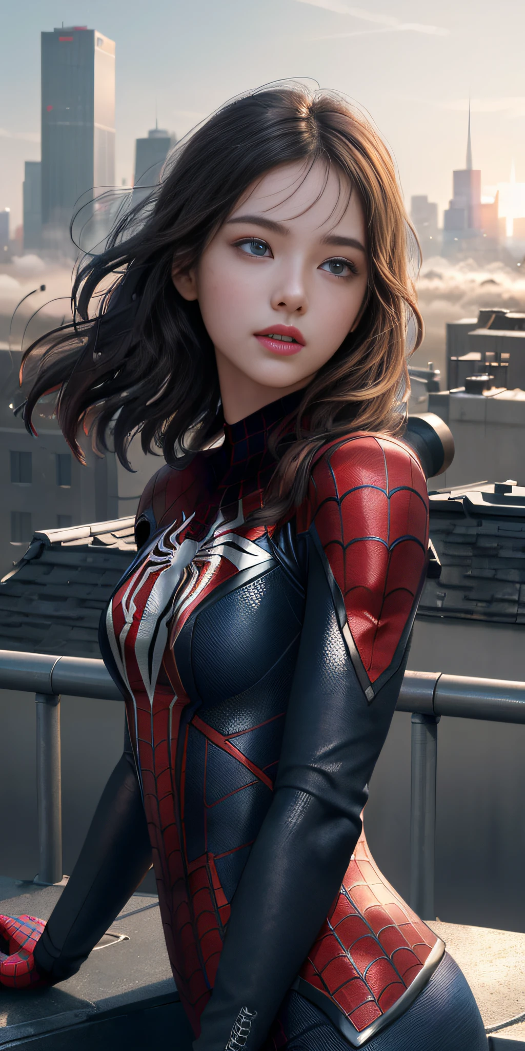 (1girl:1.3), Solo, (((Very detailed face)))), ((Very detailed eyes and face)))), Beautiful detail eyes, Body parts__, Official art, Unified 8k wallpaper, Super detailed, beautiful and beautiful, beautiful, masterpiece, best quality, original, masterpiece, super fine photo, best quality, super high resolution, realistic realism, sunlight, full body portrait, amazing beauty, dynamic pose, delicate face, vibrant eyes, (from the front), She wears Spider-Man suit, red and black color scheme, spider, very detailed city roof background, rooftop, overlooking the city, detailed face, detailed complex busy background, messy, gorgeous, milky white, highly detailed skin, realistic skin details, visible pores, clear focus, volumetric fog, 8k uhd, DSLR, high quality, film grain, fair skin, photo realism, lomography, futuristic dystopian megalopolis, translucent