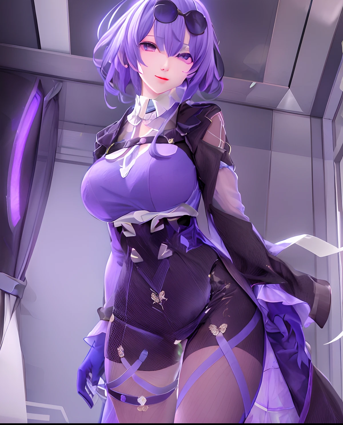character Kafka from the game Honkai Star Rail elegantly looking at you with a serious and beautiful face, with purple hair (with a slight blush), wearing an elegant and beautiful dress.