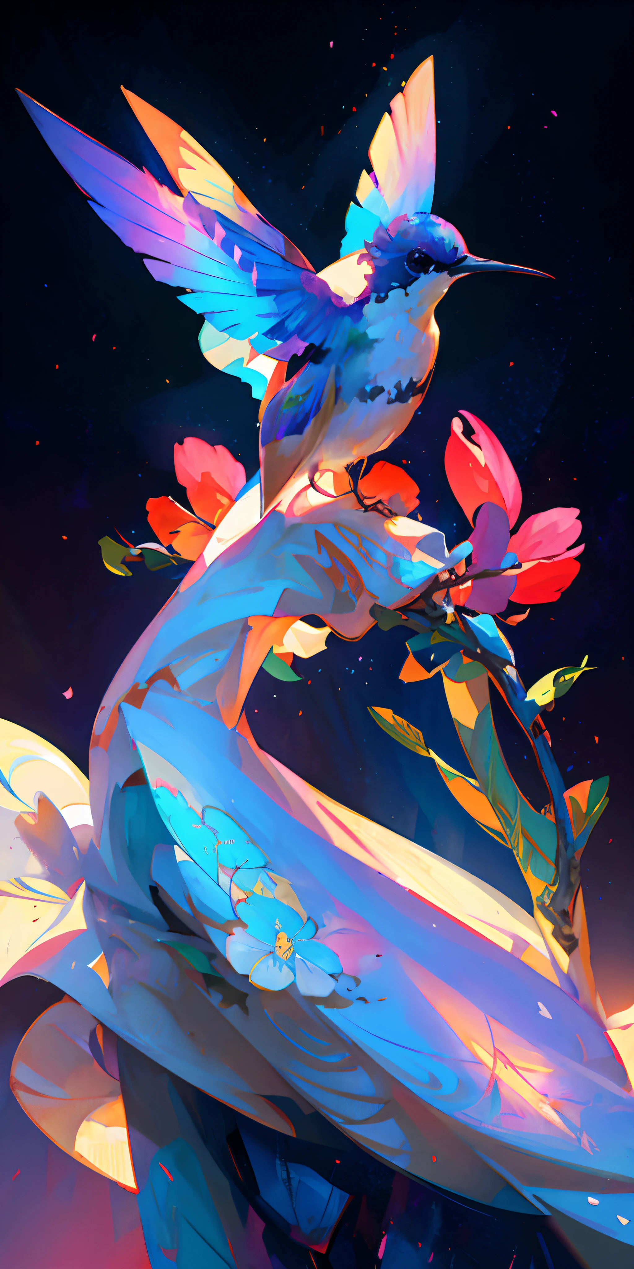 Brightly colored hummingbird sitting on a branch with flowers in its beak, Hermoso arte UHD 4 K, Awesome Digital Illustration, Hermosa obra de arte digital, exquisite digital illustration, Jen Bartel, Pintura digital vibrante, digital artwork 4 k, Pintura digital colorida, Arte digital 4K, Arte digital 4K, a beautiful artwork illustration, rossdraws global illumination, beautiful digital illustration