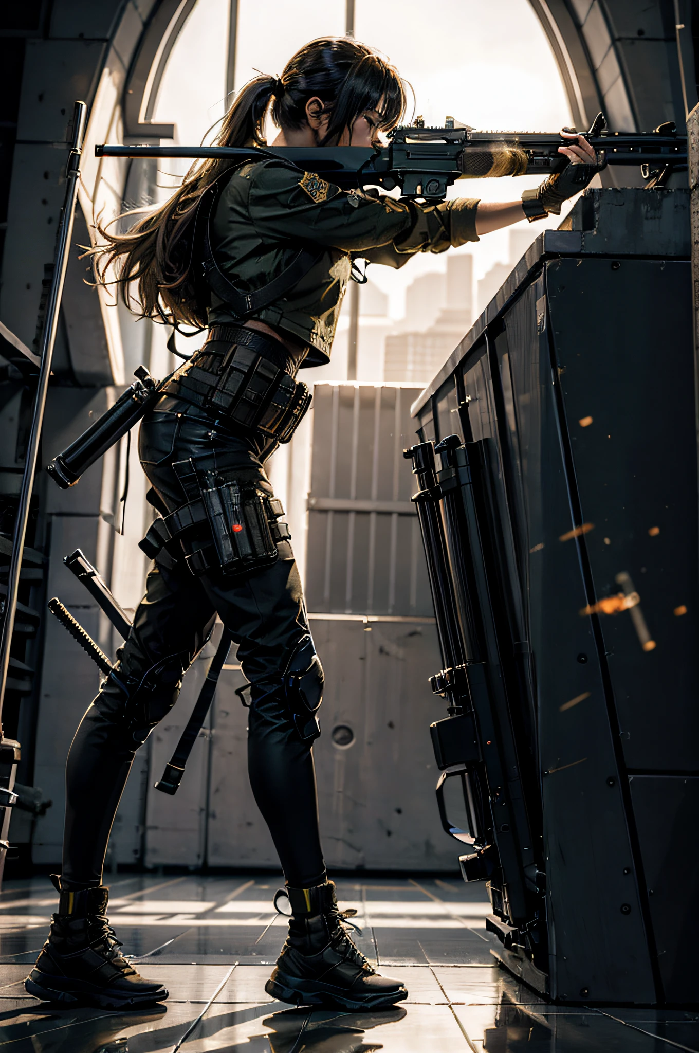 {{masterpiece, best quality, extremely detailed CG, unity 8k wallpaper, cinematic lighting, lens flare}}, a girl shooting a rifle, wide view, full body, thick body, long blond hair, green eyes, (holding weapon, holding rifle, aiming, aim, open fire, firing:1.4), gun, h&k hk416, carbine, (side view:1.4)