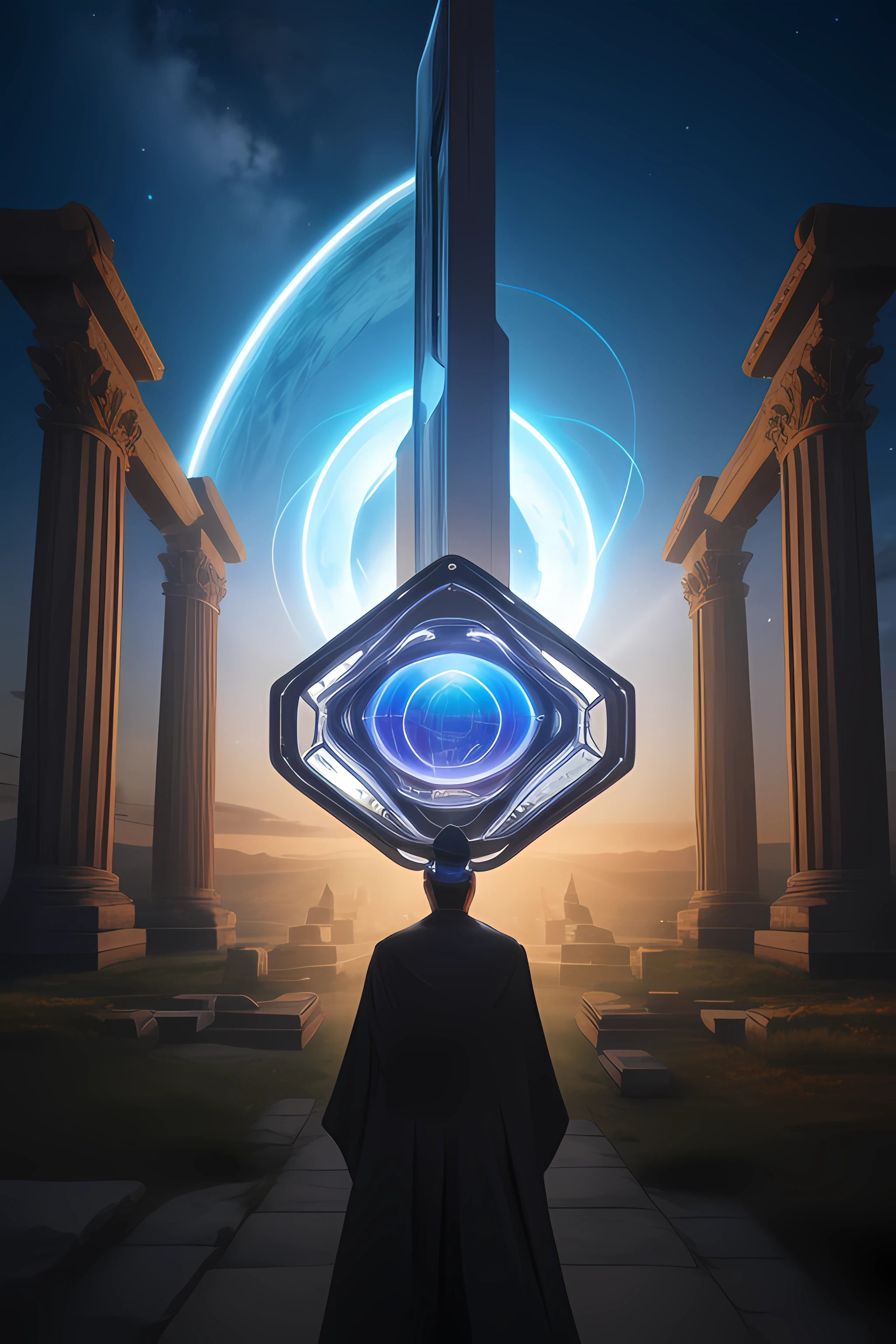 futuristic god ,Cybernetic, Celestial, Techno-Organic, Ethereal, Imposing, Advanced Holographic Recorder , Quantum Vision Lens, Eternal Dusk, Neo-Ancient Portraiture, Celestial Quantum Resonance