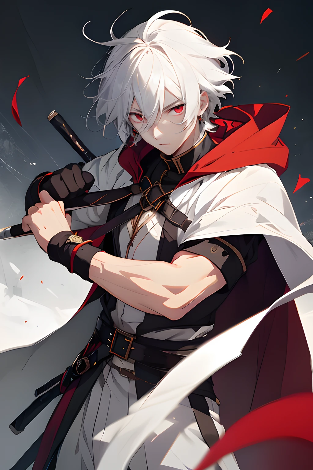 Personaje de anime con cabello blanco sosteniendo una espada y una capa roja, Badass Anime 8K, Arte clave del anime, Keqing de Genshin Impact, Arte detallado del personaje de anime, Arte Zerochan, Personaje masculino de anime, Arte de personajes de anime, pelo blanco, ojos rojos, inexpresivo, por Yang J, Deidad de pelo blanco, Zhongli de Genshin Impact, Thancred Waters al estilo de Wlop
