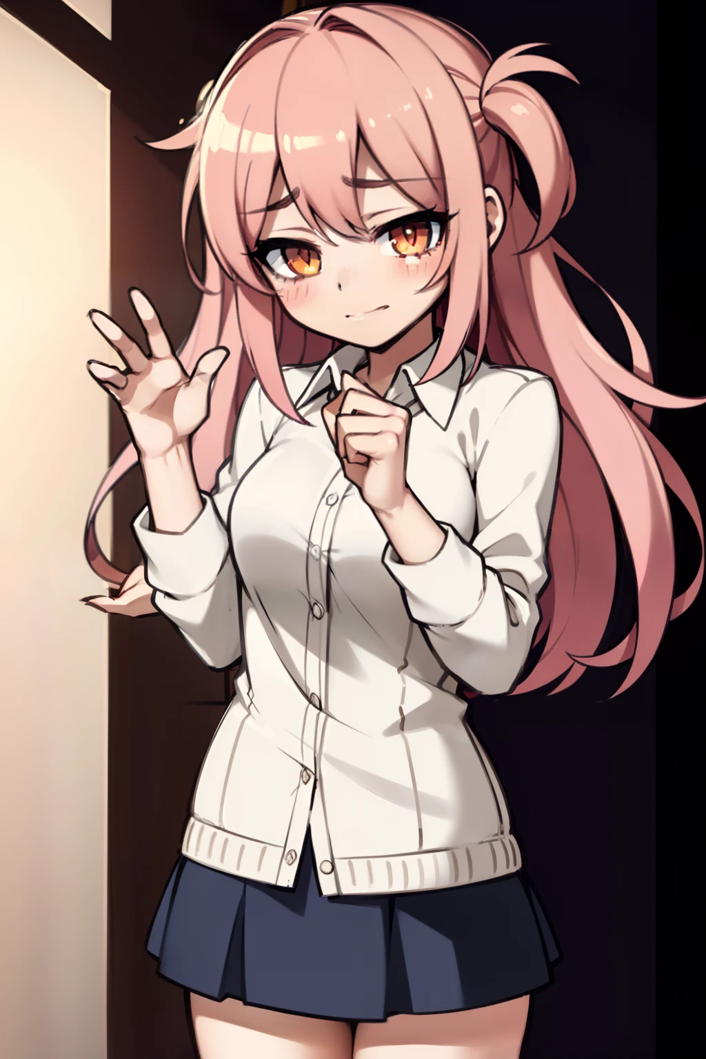 "Natsuki from DDLC in a romantic and tsundere pose, blushing with her adorable skirt, captivating thighs, and heart-fluttering emotions, creating a cute and exciting atmosphere."