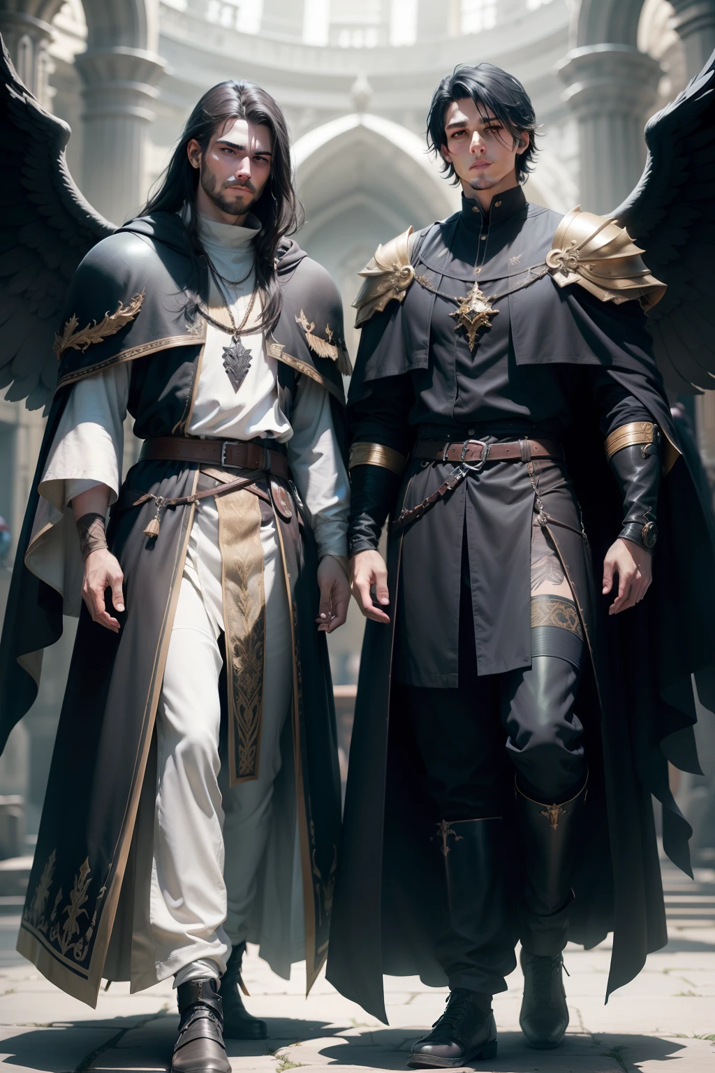 dois homens jovens de cabelos pretos com asas gigantes de anjo, Two young men with black hair with wings dressed in medieval clothes standing next to each other, homem com asas pretas de anjo, homens com cabelos pretos, flowing robes and leather armor, medium shot of two characters, armaduras e vestes, Anton e Artur, Dark robes, cinematic unreal engine 5, roupas de rpg da moda, vestes intrincadas, Personagem pequeno. Motor Unreal 5, cosplay ornamentado, Feito em Unreal Engine 5, asas gigantes pretas de anjo.