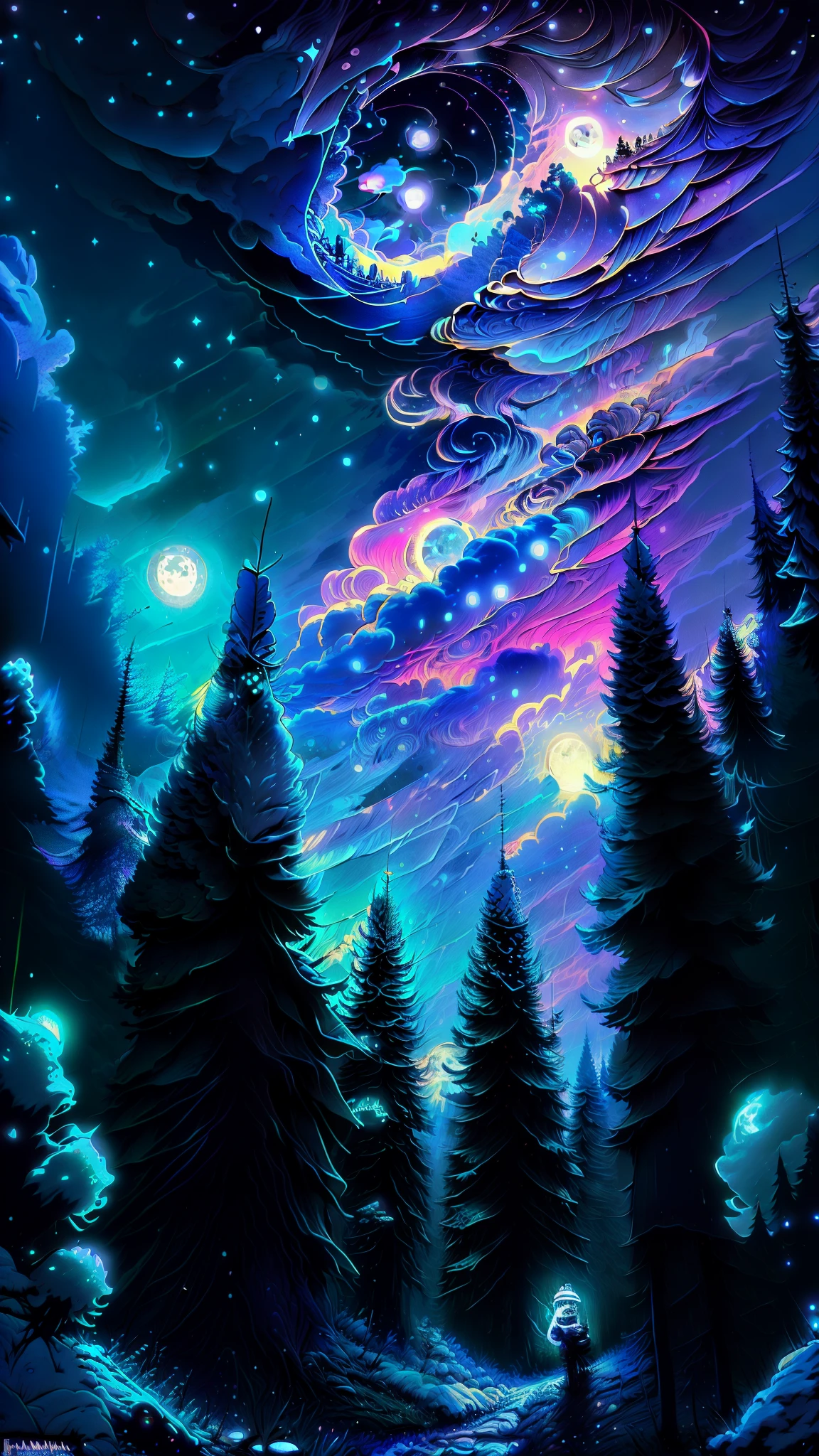 View of a forest with full moon and stars in the sky, 🌲🌌, Floresta e Lua, floresta noturna, Noite na floresta, Floresta iluminada pela lua, forest at night, Noite de Sonho, paisagem natural noturna, Noite de luar atmosfera sonhadora, Mystic Night, cena noturna tranquila da floresta, magical forest backround, Trees and stars Background