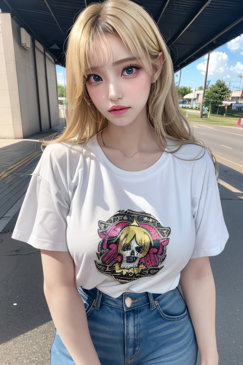 (1girl),large breasts, breasts, tan, dewy skin, sweaty skin, wavy blonde hair, punk tshirt, punk girl