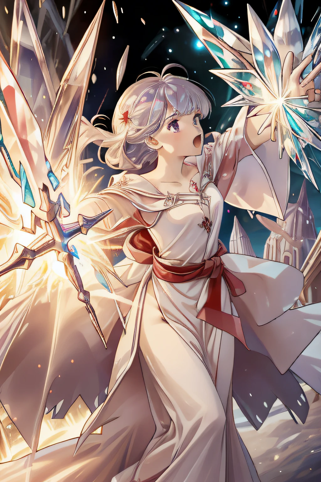 ((best quality)), ((masterpiece)), (detailed), a girl creating a large crystal pillar, outstretched arm, shouting, magic, casting, explosion of crystals, ruinous power, magician's robe, white robe with red lining, crystal staff