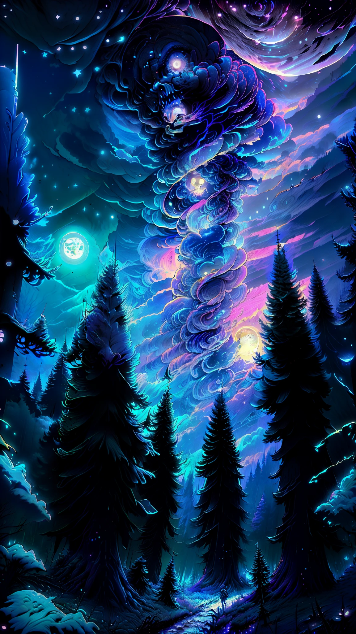 View of a forest with full moon and stars in the sky, 🌲🌌, Floresta e Lua, floresta noturna, Noite na floresta, Floresta iluminada pela lua, forest at night, Noite de Sonho, paisagem natural noturna, Noite de luar atmosfera sonhadora, Mystic Night, cena noturna tranquila da floresta, magical forest backround, Trees and stars Background