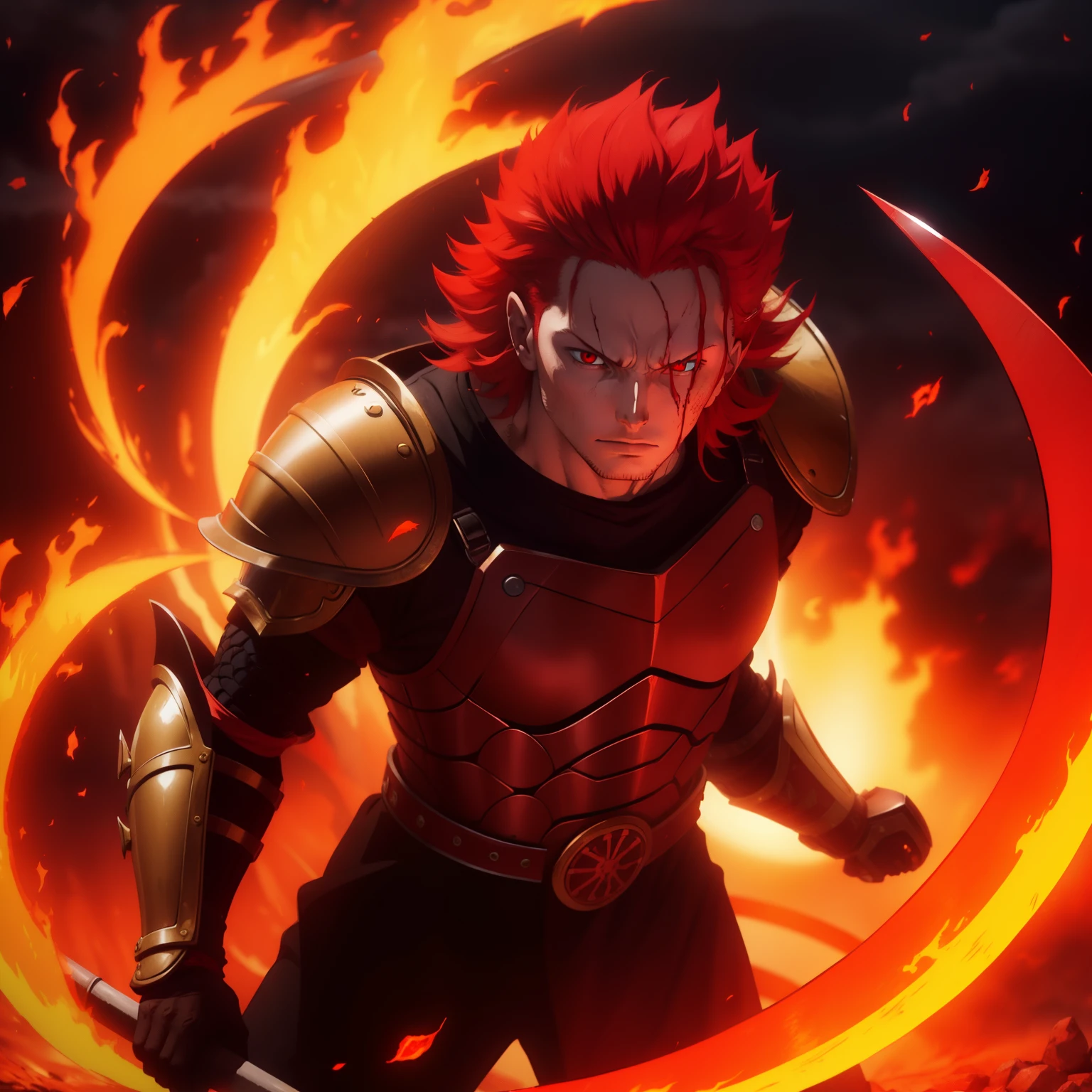 Boy with long red hair and red eyes wearing armor standing in fire and have a yellow scythe