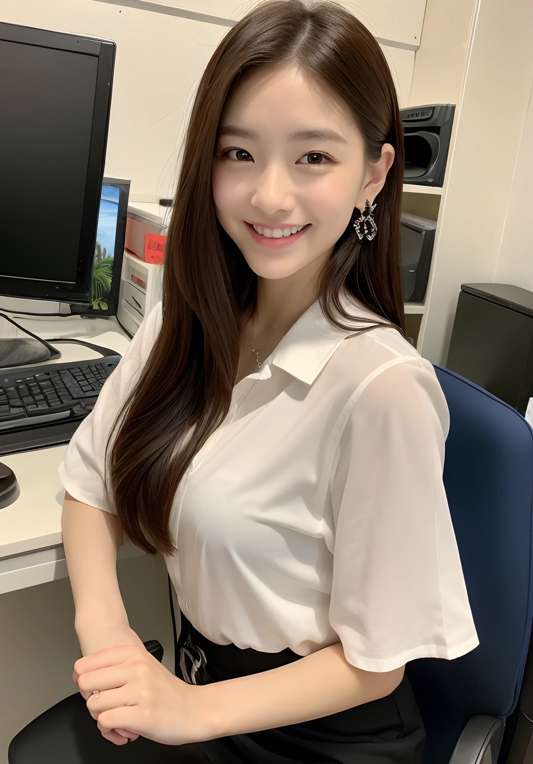 ((top-quality、8K、​masterpiece:1.3))、Focus:1.2、Perfect Body Beauty:1.4、s ass:1.2、((Delicate long hair))、(Hip wrapped skirt:1.1)、(s Office、personal computers:1.3)、(OL、Suits:1.2)、Highly detailed facial and skin texture、Delicat eyes、二重まぶた、Woman working at computer、Whitened skin、gyuru、Wearing big、A refreshing smile