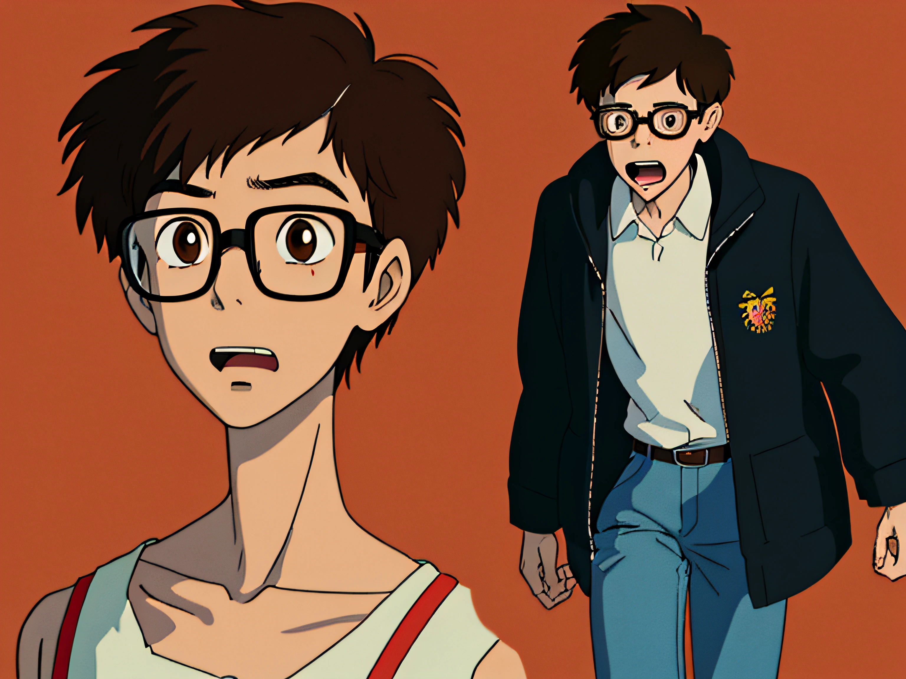 character, a boy with brown eyes, 13 years old, wear glasses, tall and slim, nerd look, brown hair, friendly, in panic, horror, scared, screaming,