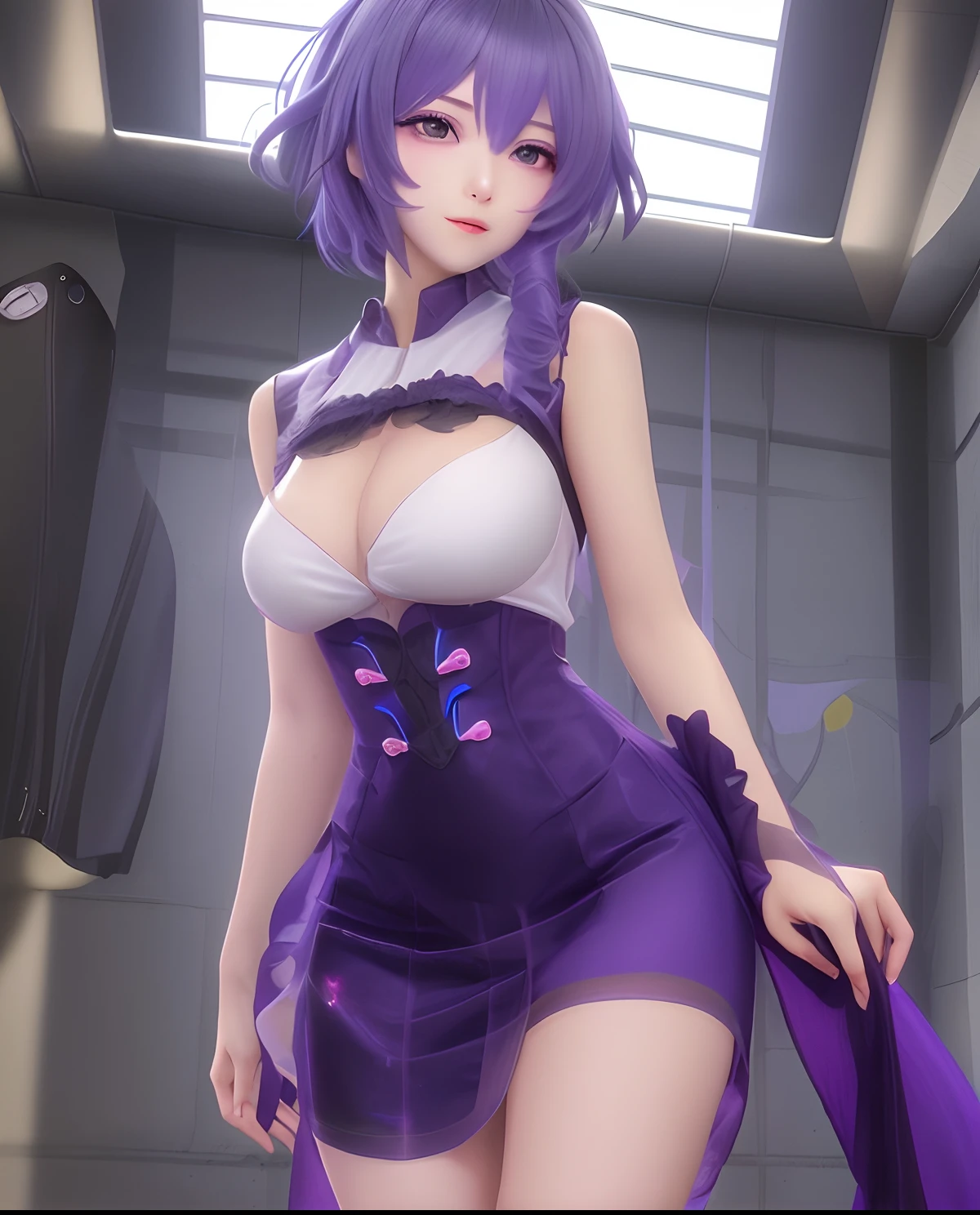 character Kafka from the game Honkai Star Rail elegantly looking at you with a serious and beautiful face, with purple hair (with a slight blush), wearing an elegant and beautiful dress.