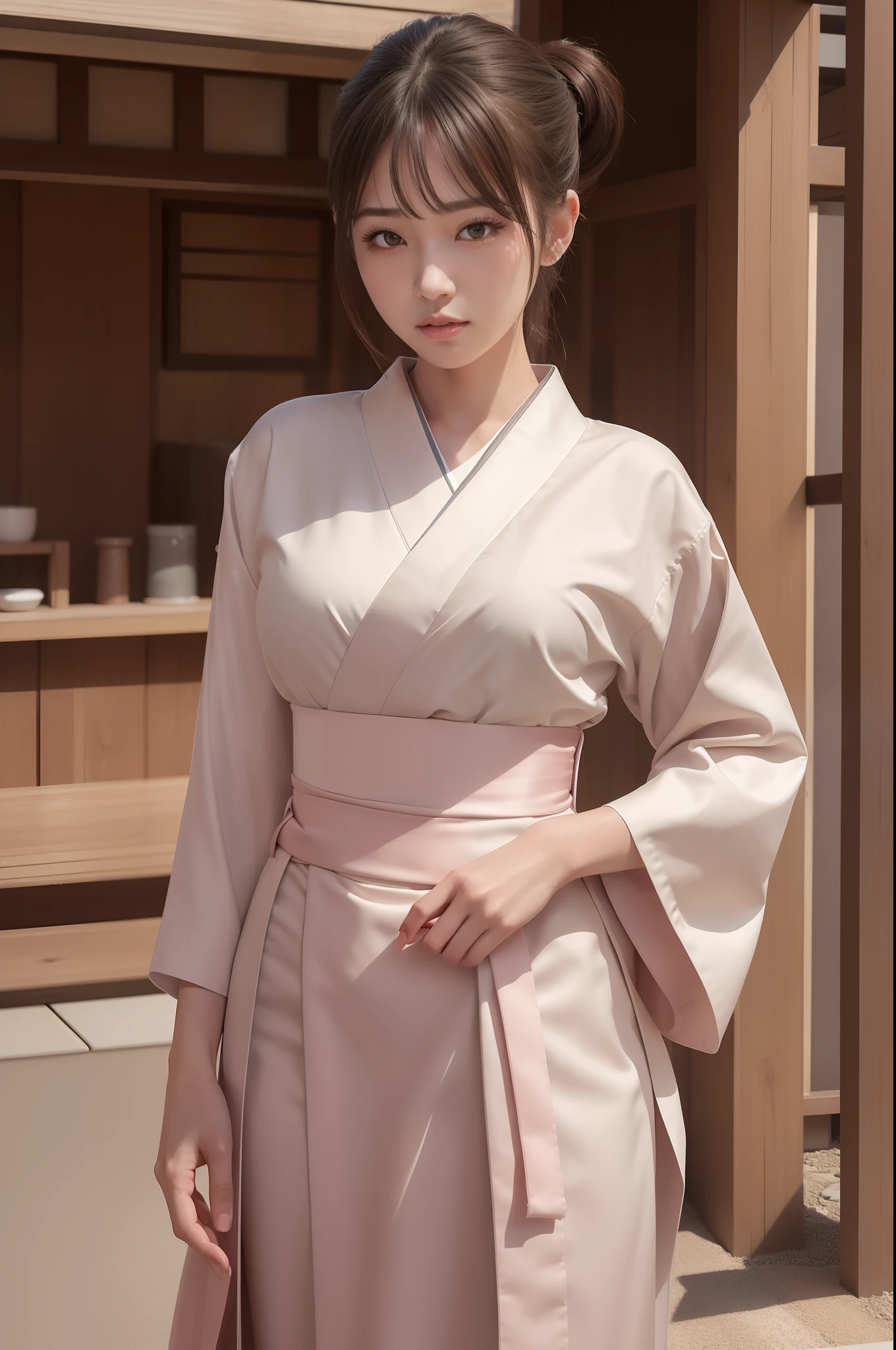 8K, (best quality), (masterpiece), (photo realistic), (realistic), (ultra high definition), ray tracing, japanese female, 1 girl, high definition cute face, closed mouth, blush, standing posture, above the waist, looking at viewer, ponytail hair, (hakama), japanese clothes, cafe