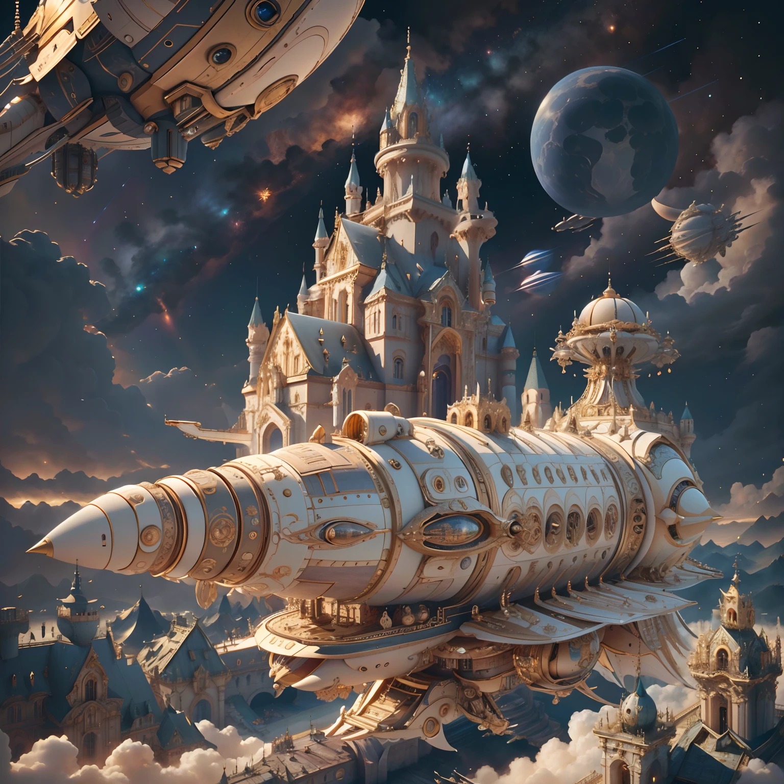 IvoryGoldAI spaceship in space, castle complex in the background, Extremely detailed, Masterpiece, 8k quality