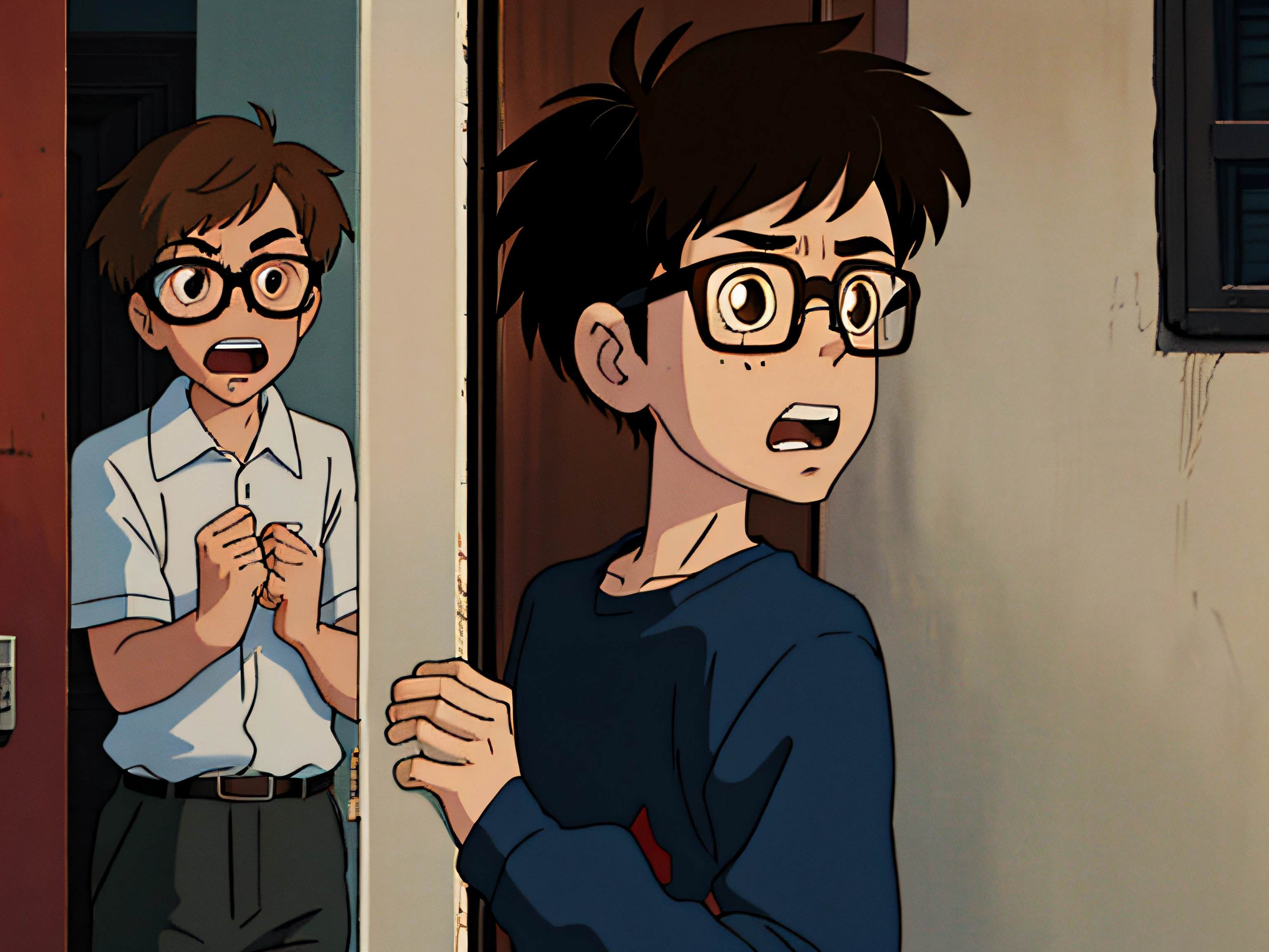 character, a boy with brown eyes, 13 years old, wear glasses, tall and slim, nerd look, brown hair, friendly, in panic, horror, scared, screaming,
