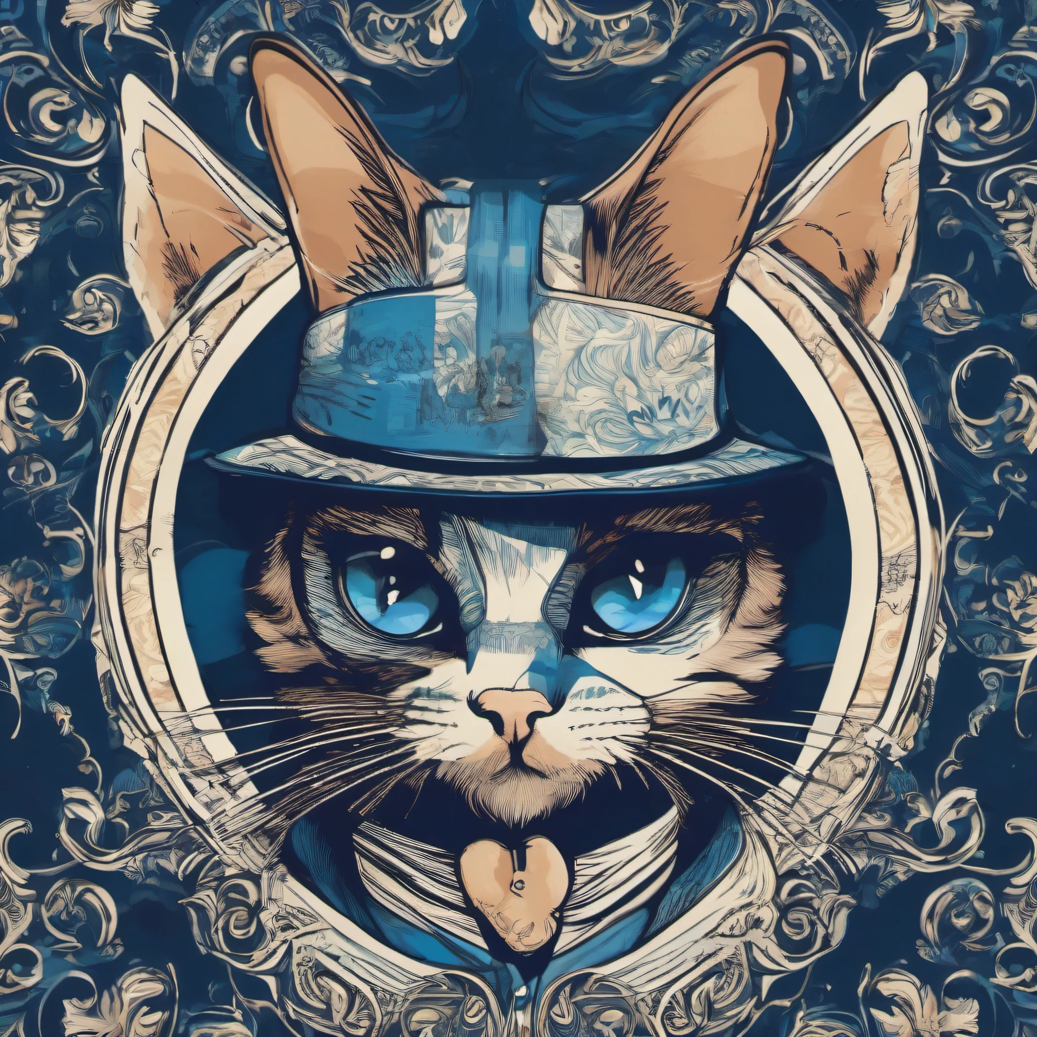 animal gato roqueiro, usando roupa de roqueiro, t-shirt design, 2d, imagem centralizada, fundo gradiente preto e azul, vetorizado