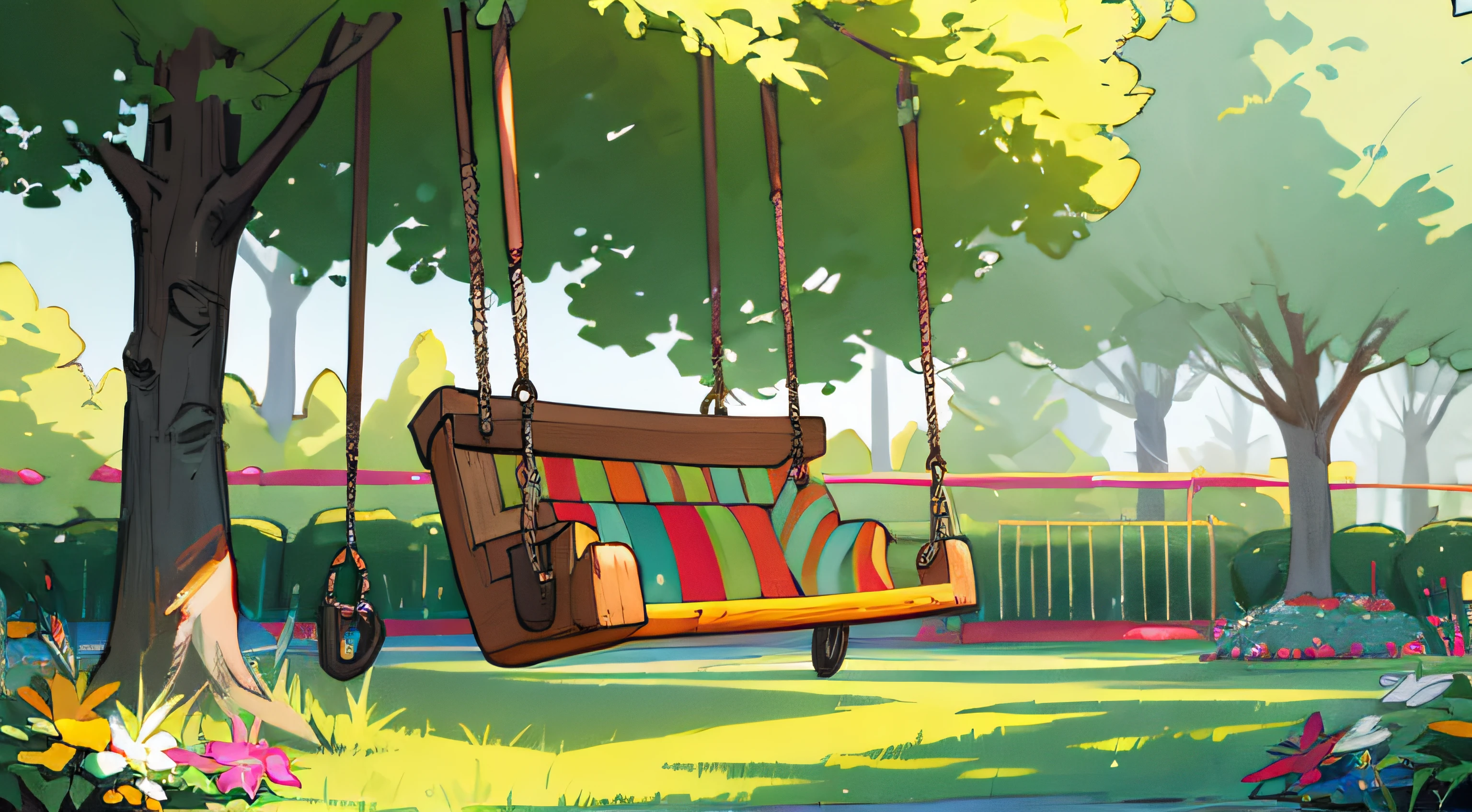 colorful pretty yard, swing