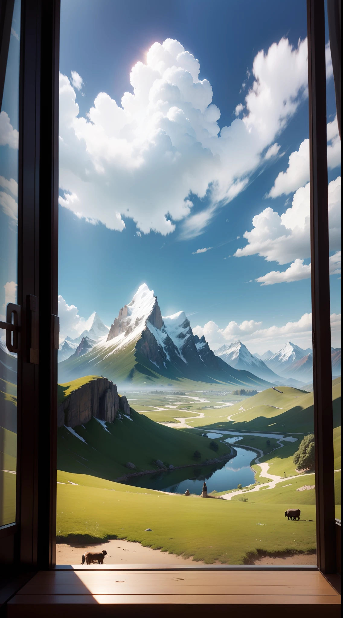 夏天,grassy fields,Few florets,clear lakes,sheeps,a paradise,Large clouds,blue-sky,scorching weather,high definition detail,wet watermarks,Hyper-detailing,cinematic ligh,ultra-realistic realism,the soft light,Deep field focus bokeh,The vista is snow-capped mountains,Ray tracing and surrealism。 Beautuful Women