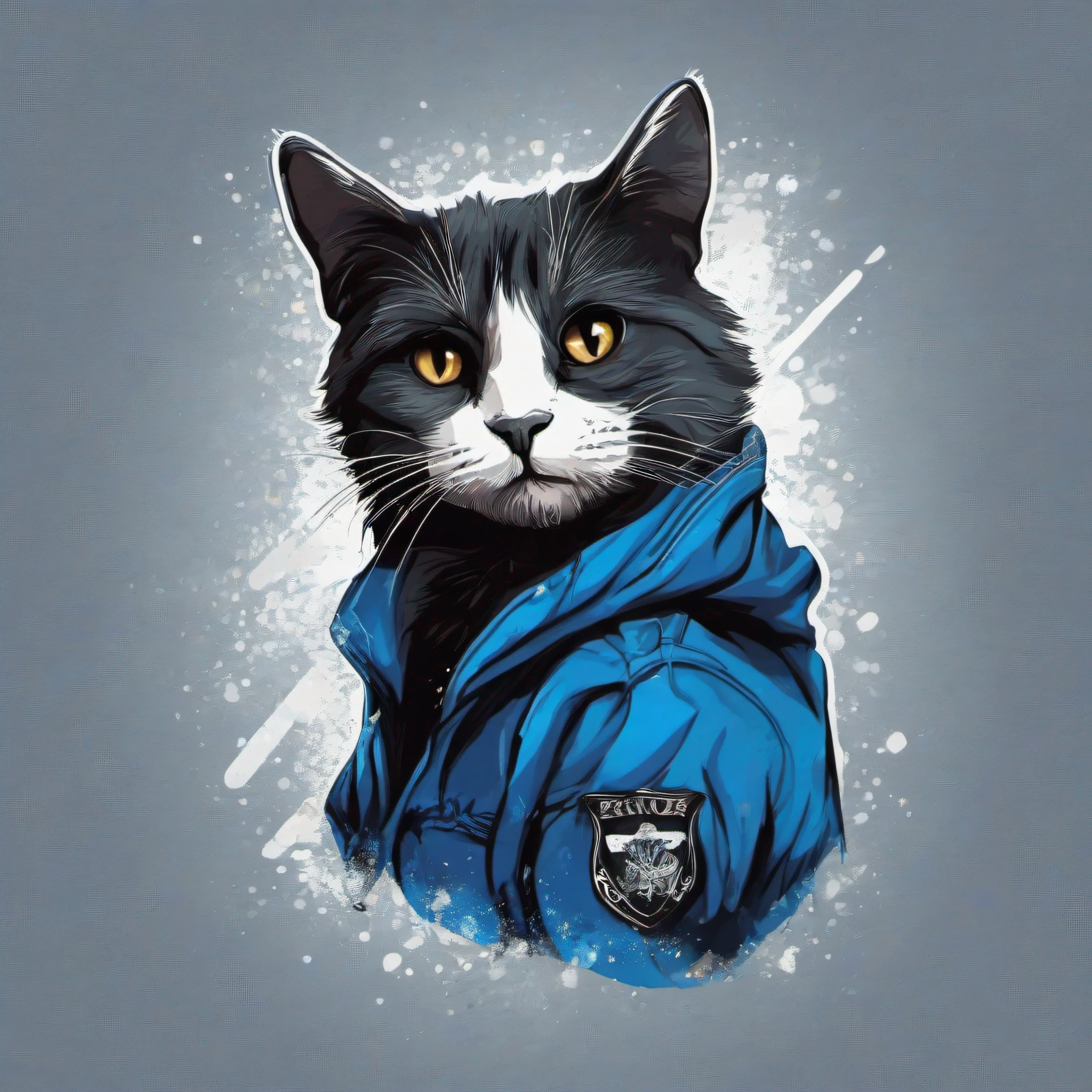 animal gato roqueiro, usando roupa de roqueiro, t-shirt design, 2d, imagem centralizada, fundo gradiente preto e azul, vetorizado