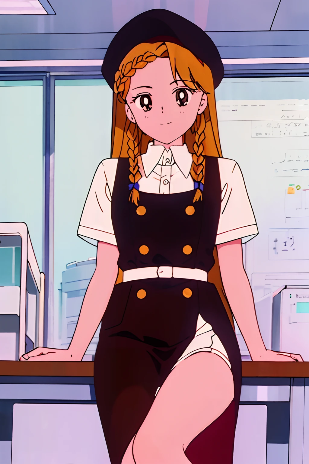 best quality, masterpiece, 1girl, light smile, brown eyes, looking at viewer, brown dress, long blonde braided hair, black square academic cap square shaped, inside laboratory, apparatus, cowboy shot, sitting on a chair at a work bench, there is a sign in the background that reads "Biochemistry lab"