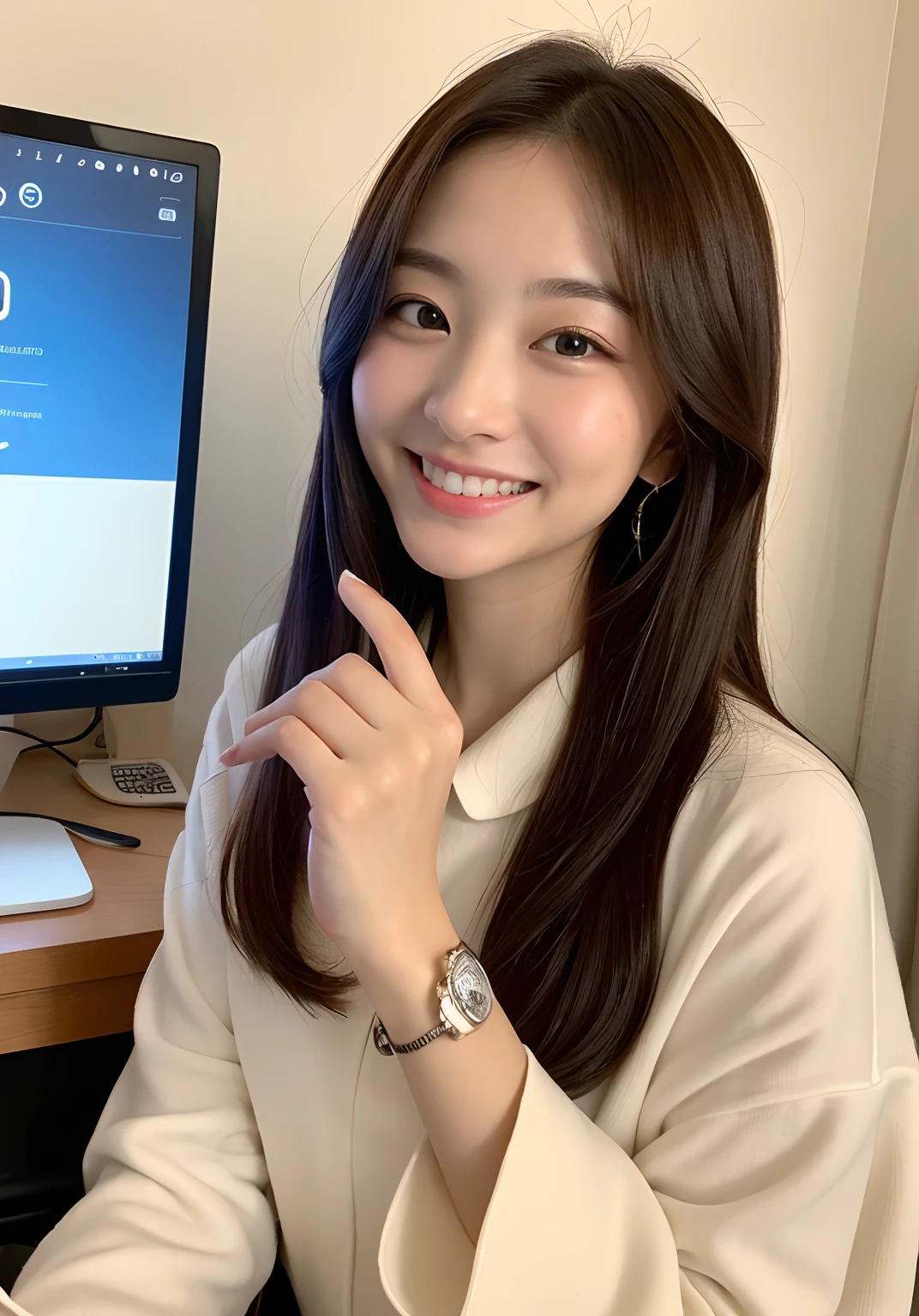 ((top-quality、8K、masterpiece:1.3))、focus:1.2、Perfect Body Beauty:1.4、s ass:1.2、((Delicate long hair))、(Hip wrapped skirt:1.1)、(s Office、personal computers:1.3)、(OL、suits:1.2)、Highly detailed facial and skin texture、Delicat eyes、二重まぶた、Whitened skin、gyuru、Wearing big、A refreshing smile