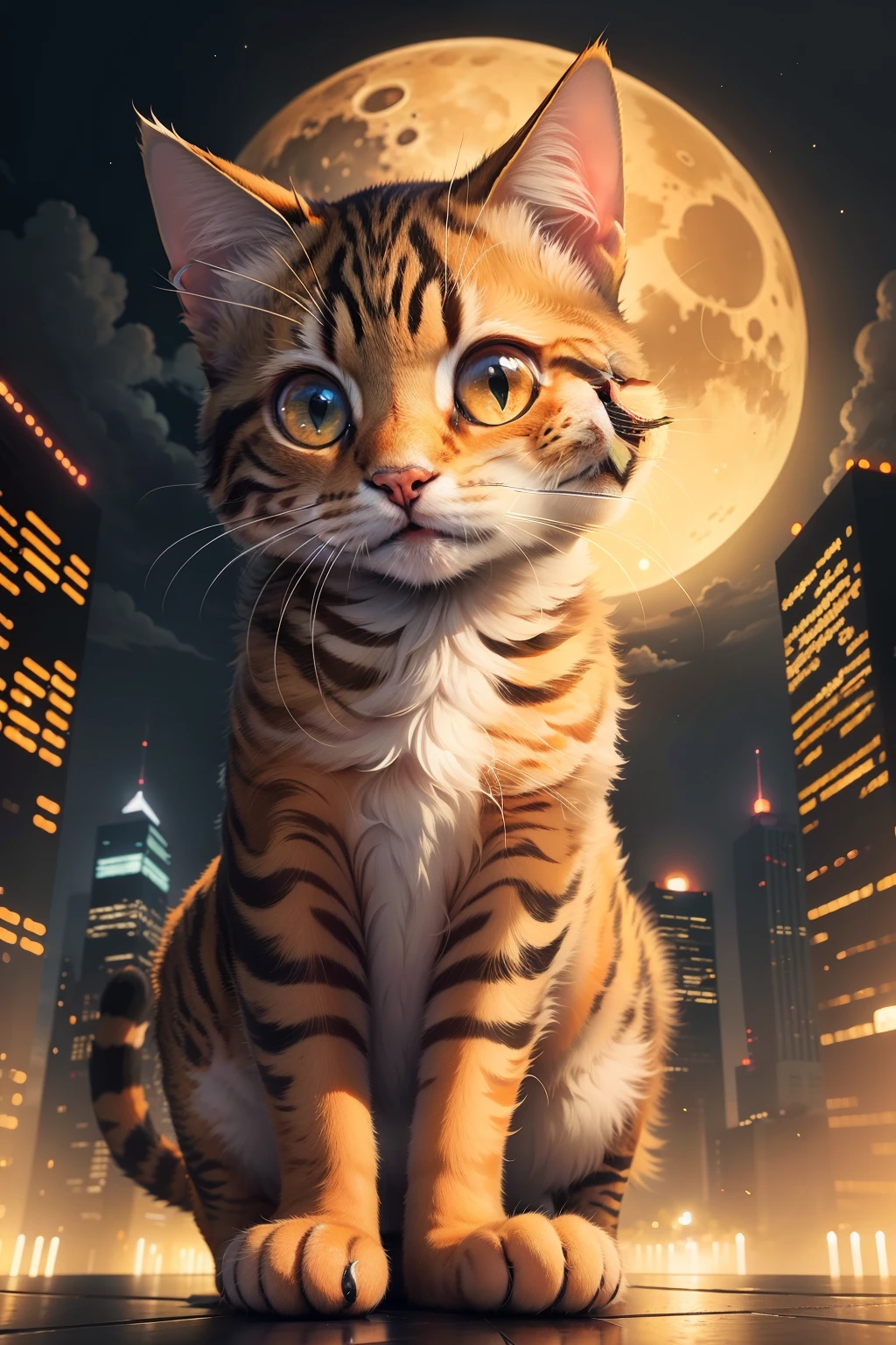 cat, orange, cute, big eyes, masterpiece, full moon, skyscrapers, street, cartoon