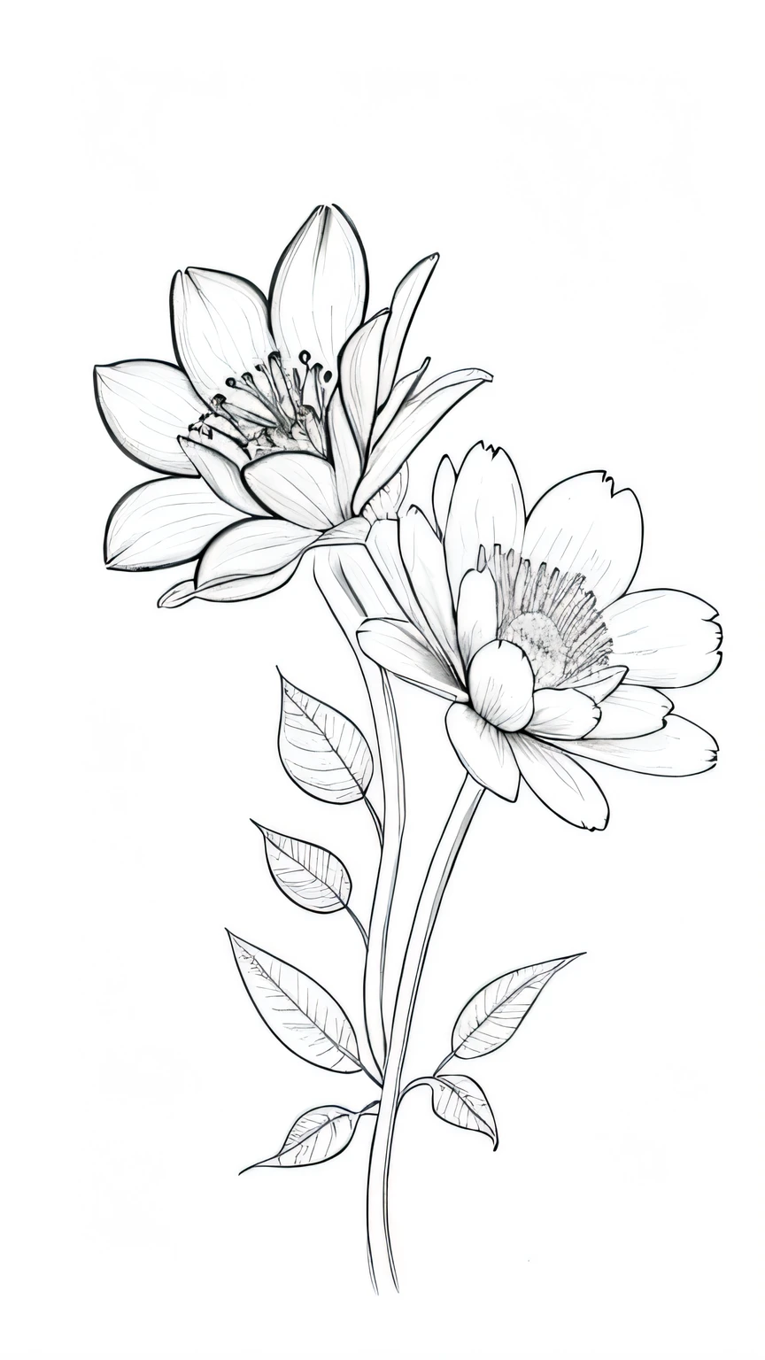 flower, line drawing background, white background, monochrome, line drawing, ((sketch))