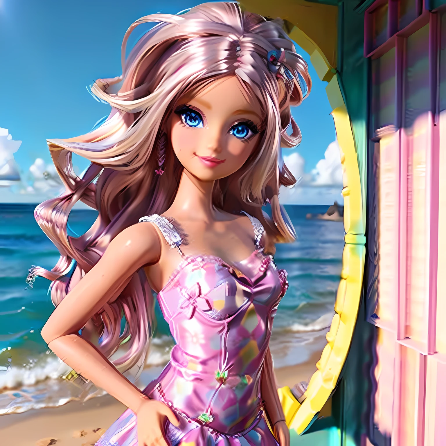 Barbie acenado, brinco, colar, pulseira, fundo praia sol, (8k, melhor qualidade, obra-prima:1.2), (realista, fotorrealista:1.37), ultra-detalhado, 1 garota, beautifulsky,(sorriso:1.15), (boca fechada) seios pequenos, belos olhos detalhados, (vestido rosa:1.1), (cabelo loiro longo:1.2),