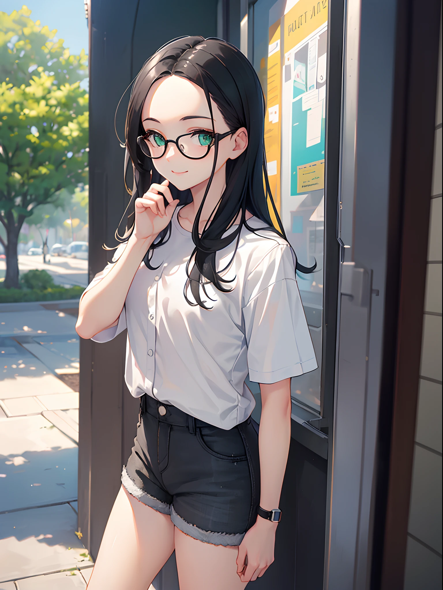 (masterpiece), best quality, expressive eyes, perfect face, 1girl, solo, (bokeh: 1.2) , (illustration: 1.1), (best eyes: 1.3), (scenery: 1.2), (sketch: 1.1), (colorful: 0.9), (depth of field: 0.75),
(detailed eyes: 1.4), (forehead: 1.2), forehead, long (black) hair, bright eyes, white glasses, green eyes,
(Intricate shirt: 1.4), ((gray color) shirt), put out shirt, ((short sleeves)), button on, ( gray shorts: 1.2), (leather shoes), (show legs), tall body,
looking_at_viewer, smile, park, outdoor, warm, sunny, sunray,