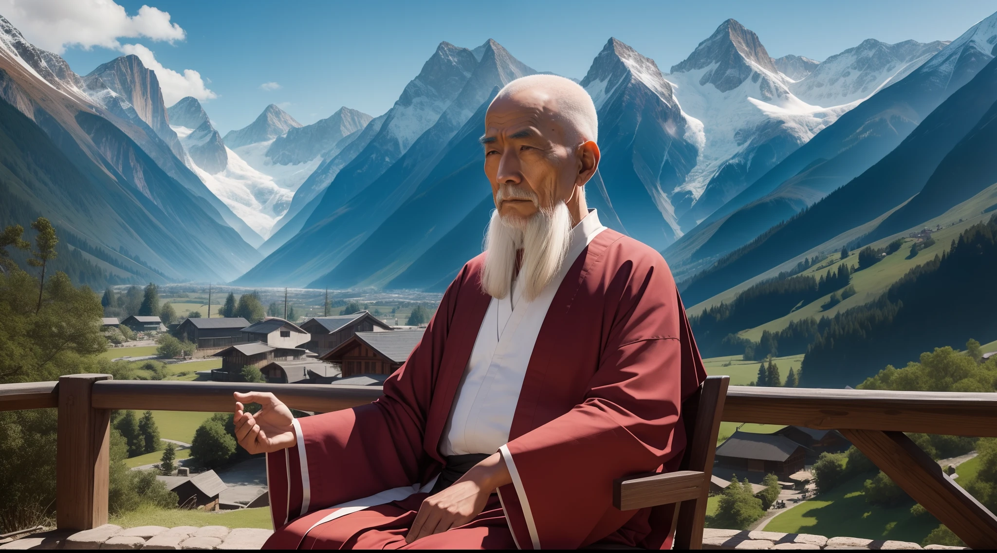 a wise old zen master sitting in a beautiful village by mountains