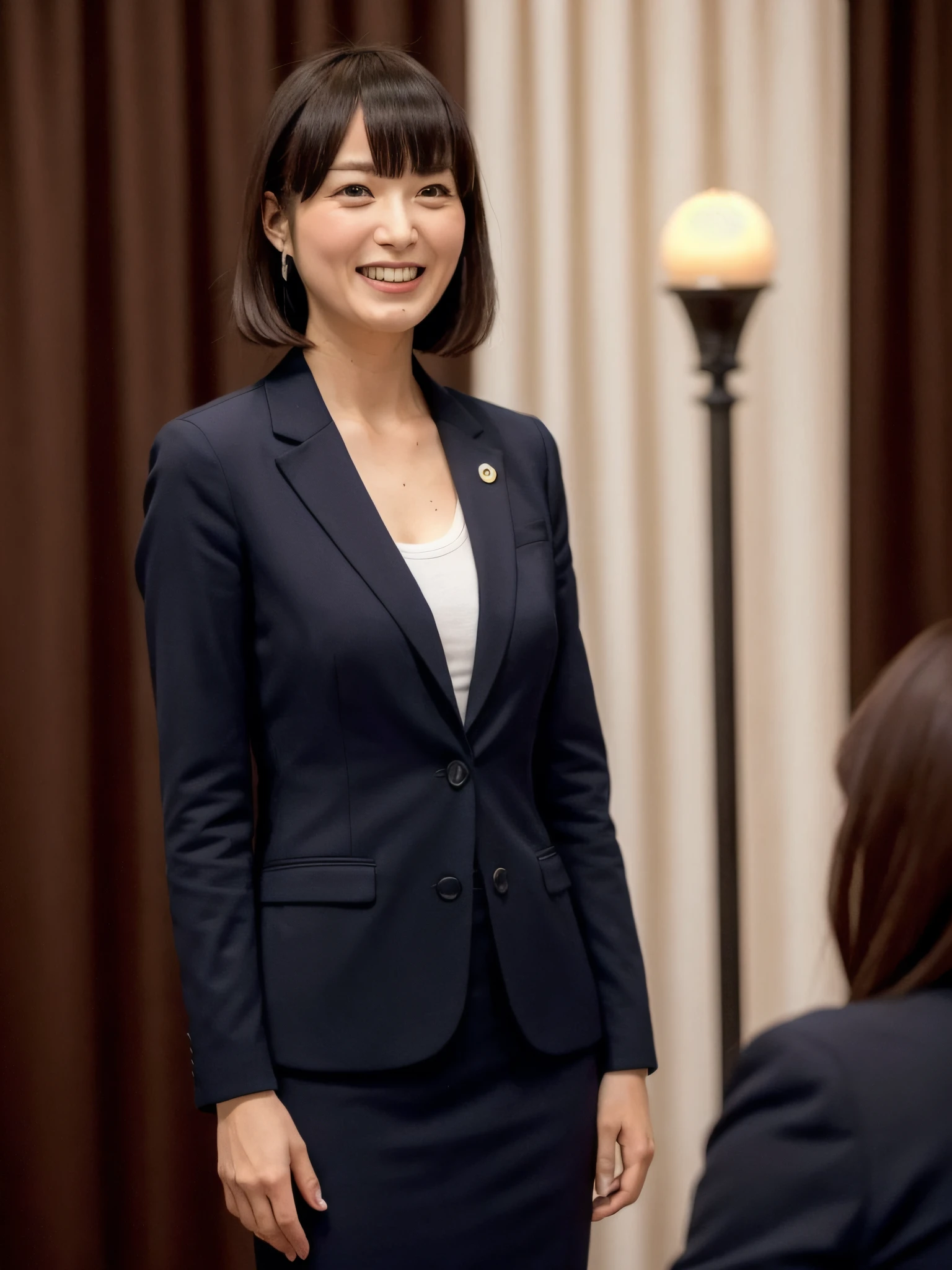 32K, Raw photo, Best Quality, Realistic, Photorealistic:1.2, ultra-detailliert, BREAK, 1girl in, Solo, (35 year old:1.2), Women politicians, (Standing, Leaning forward), Smile:1.2, Beautiful, Perfect face, Detailed symmetrical eyes, Huge breasts:1.1, Narrow waist, revealing cleavage:1.4, Suit jacket, tight pencil skirt, Wooden podium, Looking at Viewer, Light on Face, Dark curtains on background, Bokeh, (Perfect body shape), (slim), Full body, from the front side,
