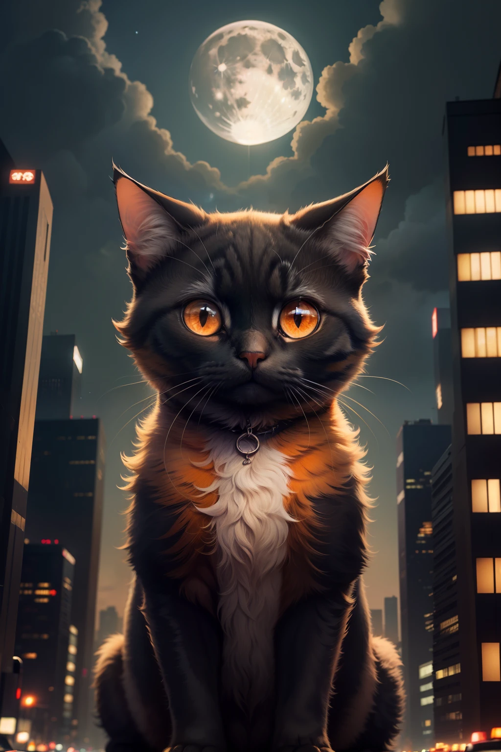 "An adorable cat with big orange eyes, set against a breathtaking backdrop of a full moon, towering skyscrapers, and a bustling street."