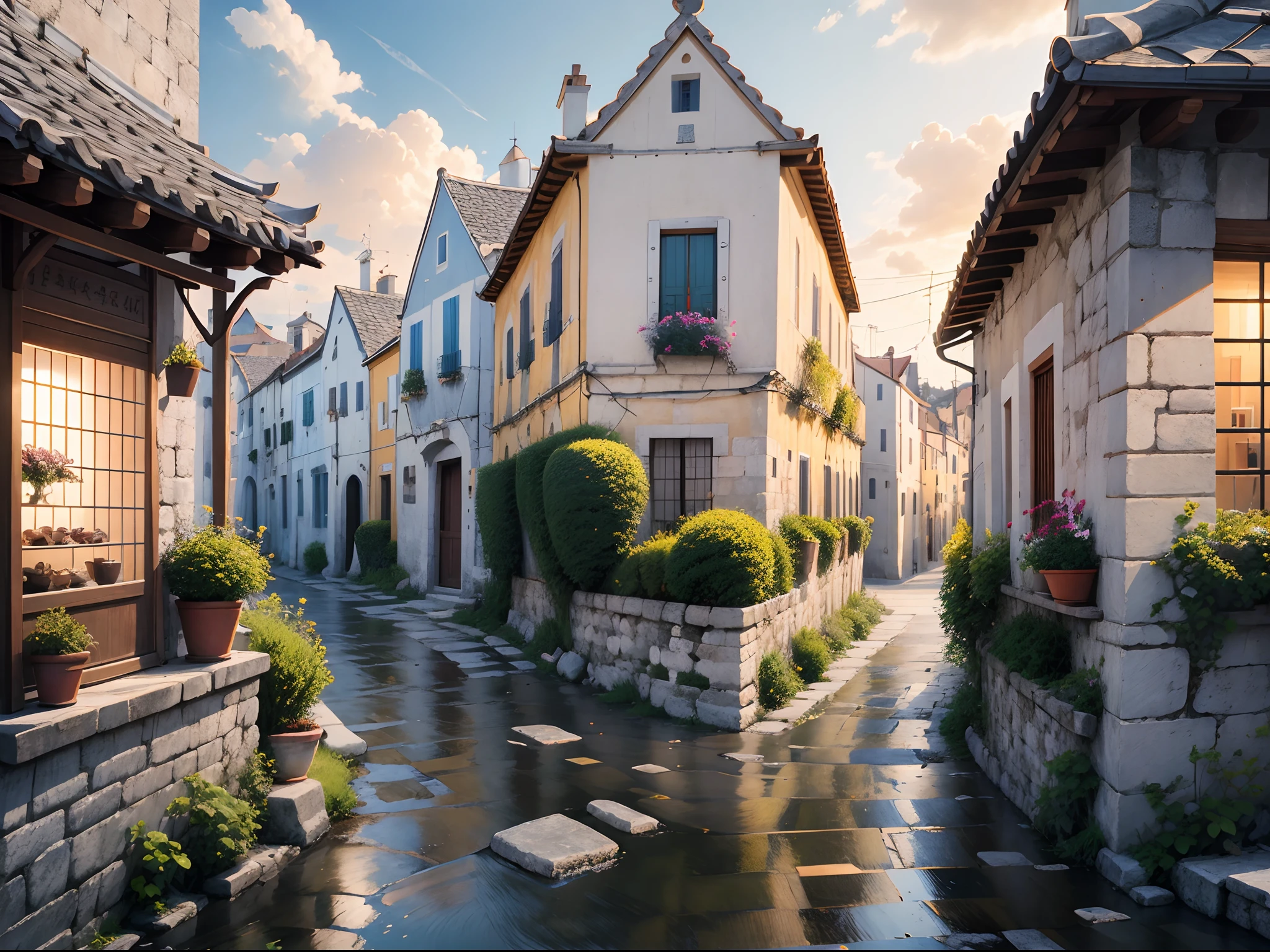 illustratio:10、masterpiece、top-quality、Town of Alberobello、Italy、Picturesque city、very cozy little place、Hyper-Realism、(anime Makoto Shinkai:0.4)、Old house on the street of the city、outside of house、Skysky、clouds、tag、landscapes、blue-sky、buliding、signature、wide Shots、towns、florals、Tools with a sense of life、Irregular cobblestones made of brick、Hanging Shop Sign、Western fantasy、stone path、:Watercolor Style v10:035 Easy Negative
