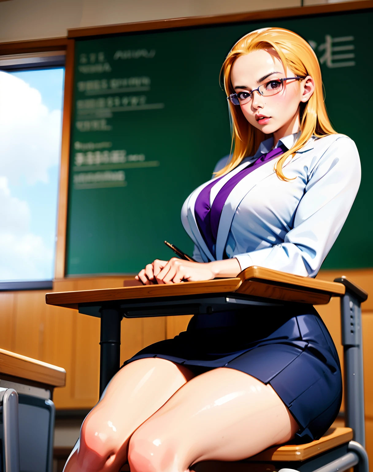 arafed asian woman sitting on a desk in a classroom, with glasses, full subject in shot, korean girl, nerdy, japanese goddess, japanese model, with glasses on, a hyperrealistic schoolgirl, hyperrealistic schoolgirl, in a classroom, beautiful asian girl, asian girl, thick glasses, sakimichan, cute schoolgirl, russian and japanese mix,yellow hair