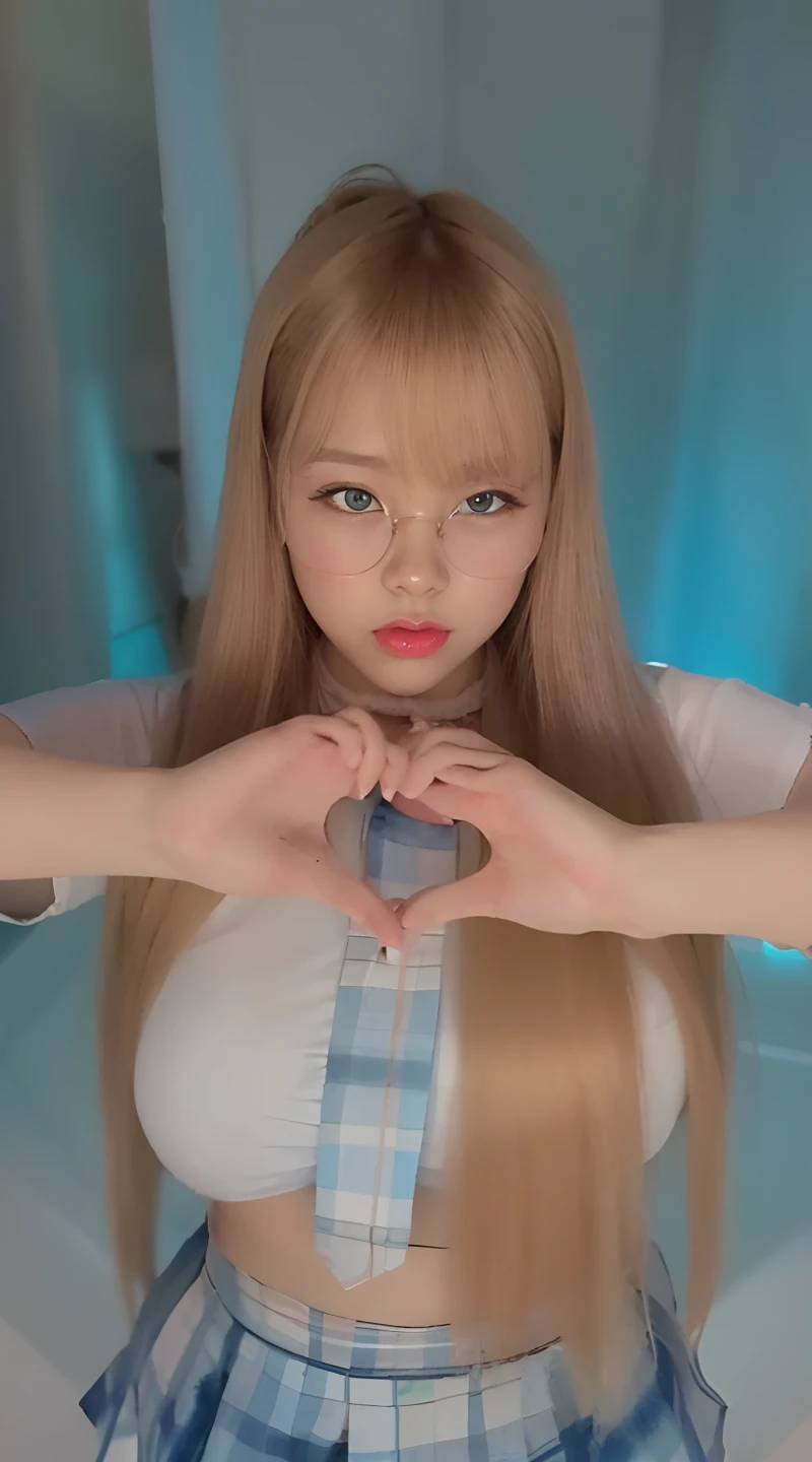 Blonde haired girl in a blue and white plaid skirt making a heart with her hands, Lalisa Manobal, Lalisa Manoban do Blackpink, BBWCHAN, com franja completa, com franja, low quality video, Ulzzang, com longos cabelos loiros, With eye Glasses, thicc, linda Delphine, hands behind her body pose!, KDA