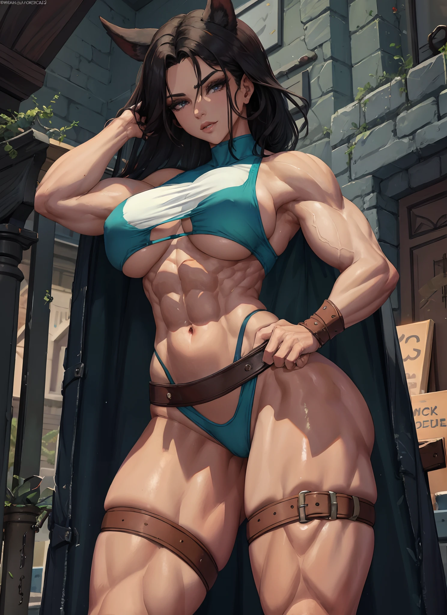 1girl, beautiful, perfect lighting, muscular, thighs, mature female, milf, navel, abs, looking at viewer (masterpiece, high quality:1.1) ,barbarian, warrior,