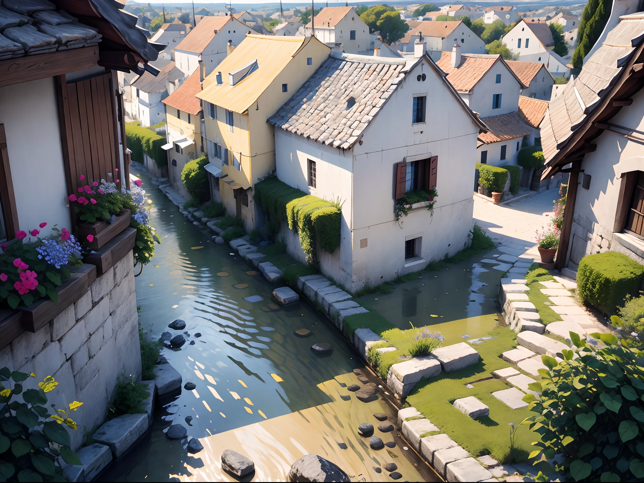 illustratio:10、masterpiece、top-quality、Town of Alberobello、Italy、Picturesque city、very cozy little place、Hyper-Realism、(anime Makoto Shinkai:0.4)、Old house on the street of the city、outside of house、Skysky、clouds、tag、landscapes、blue-sky、buliding、signature、wide Shots、towns、florals、Tools with a sense of life、Irregular cobblestones made of brick、Hanging Shop Sign、Western fantasy、stone path、:Watercolor Style v10:035 Easy Negative