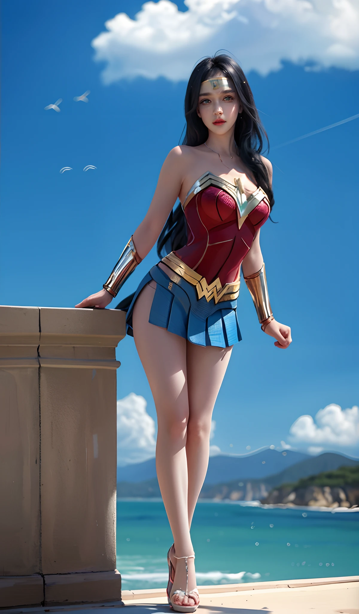 tmasterpiece， best qualtiy， photorealestic， photore， photorealisti， ultra - detailed， Perfect body， Detailed eyes， beuaty girl， wonder women， roleplaying， 1female，aged 40，Huge breasts，Pornographic exposure， 独奏，（Background with：jetty）， She has long flowing hair， standing on your feet，Sweat profusely，drenched all over the body，，blue color eyes，frontage，Blue straight hair， curlies，mostly cloudy sky，Wonder Woman uniform（（（tmasterpiece），（Very detailed CG unity 8K wallpaper），best qualtiy，cinmatic lighting，detailed back ground，beatiful detailed eyes，Bright pupils，（Very fine and beautiful），（Beautiful and detailed eye description），ultra - detailed，tmasterpiece，）），facing at camera，A high resolution，ultra - detailed），熟妇，mature，revealing breasts，facing at camera，Flushed complexion，Orgasmic face，Pornographic exposure，Protruding underparts，Camel toes，with no underpants，legs are open，frontage，Beautiful sexy full body photo in mini skirt and sewn stockings，（（独奏）），At the pier，high-heels，Craving sexual，