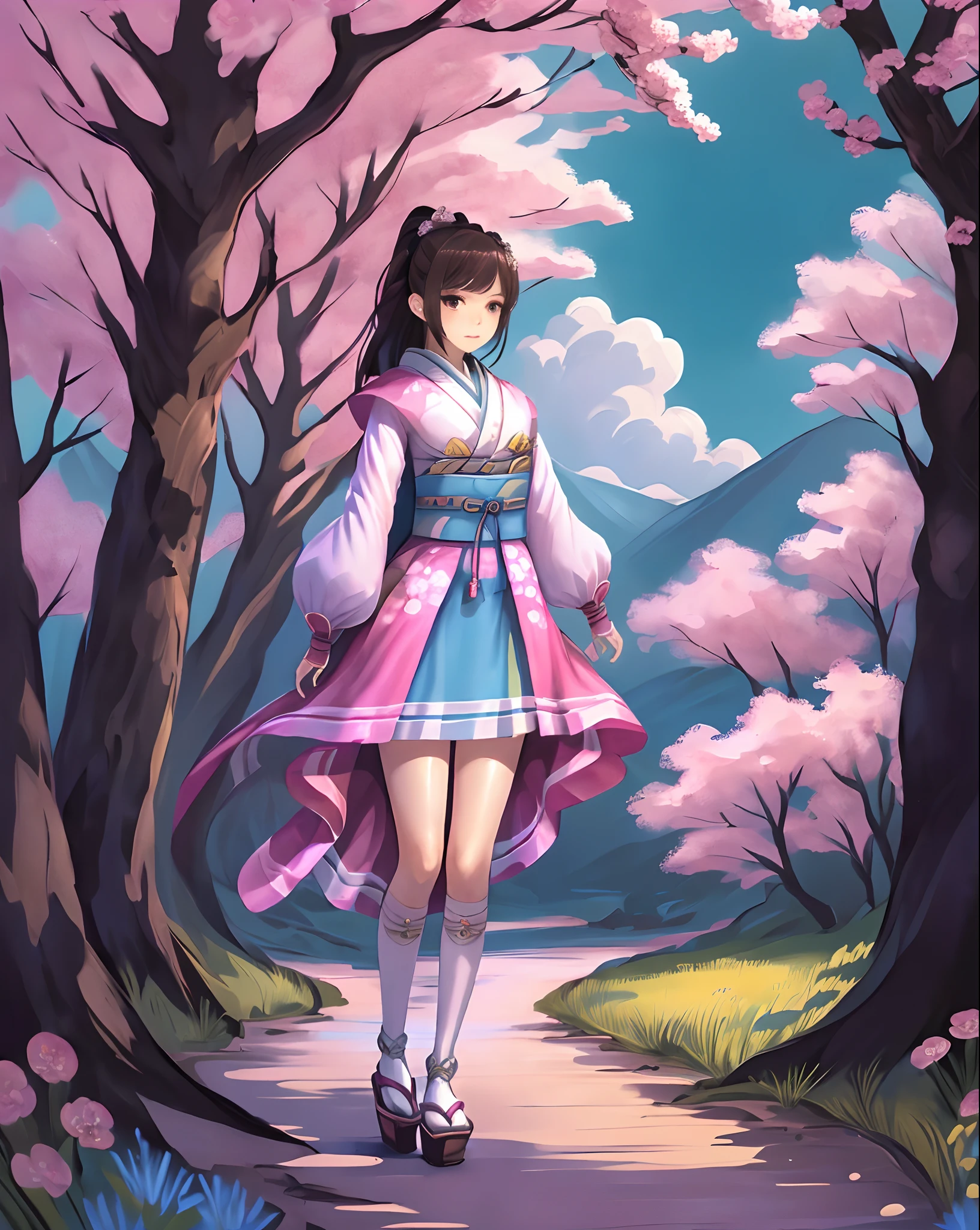 top-quality、illustratio、absurderes、bright colour、Vibrant colors、 ((1 girl in))、((独奏))、((a beautiful detailed girl))、wretched、Gentle mercy、Beautiful princess、 SW3 Oichi、Brown hair、(Semi-long)、short little ponytail、hair adornments、Brown eyes、middlebreasts、Detailed legs、pink dress、white shirt、long kimono、long-sleeve、White Tabi High Socks、Red sandals、Blue pleated skirt、Wearing a pleated skirt inside the dress、Blue pleated skirt visible from the inside of the dress、full body Esbian、is standing、florals、blue-sky、grass field、The tree、Beautiful light expression、Landscape of the Japan in the 1500s
