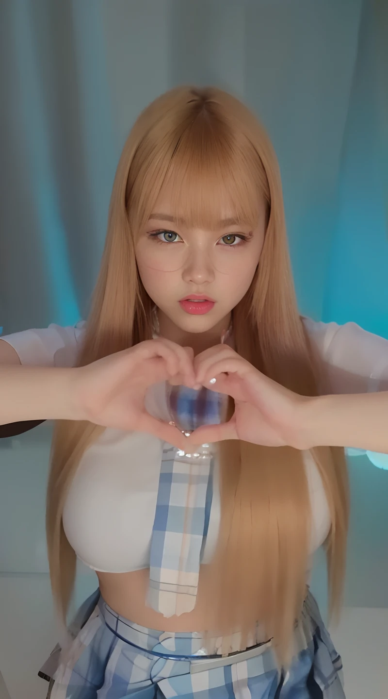 Blonde haired girl in a blue and white plaid skirt making a heart with her hands, Lalisa Manobal, Lalisa Manoban do Blackpink, BBWCHAN, com franja completa, com franja, low quality video, Ulzzang, com longos cabelos loiros, With eye Glasses, thicc, linda Delphine, hands behind her body pose!, KDA
