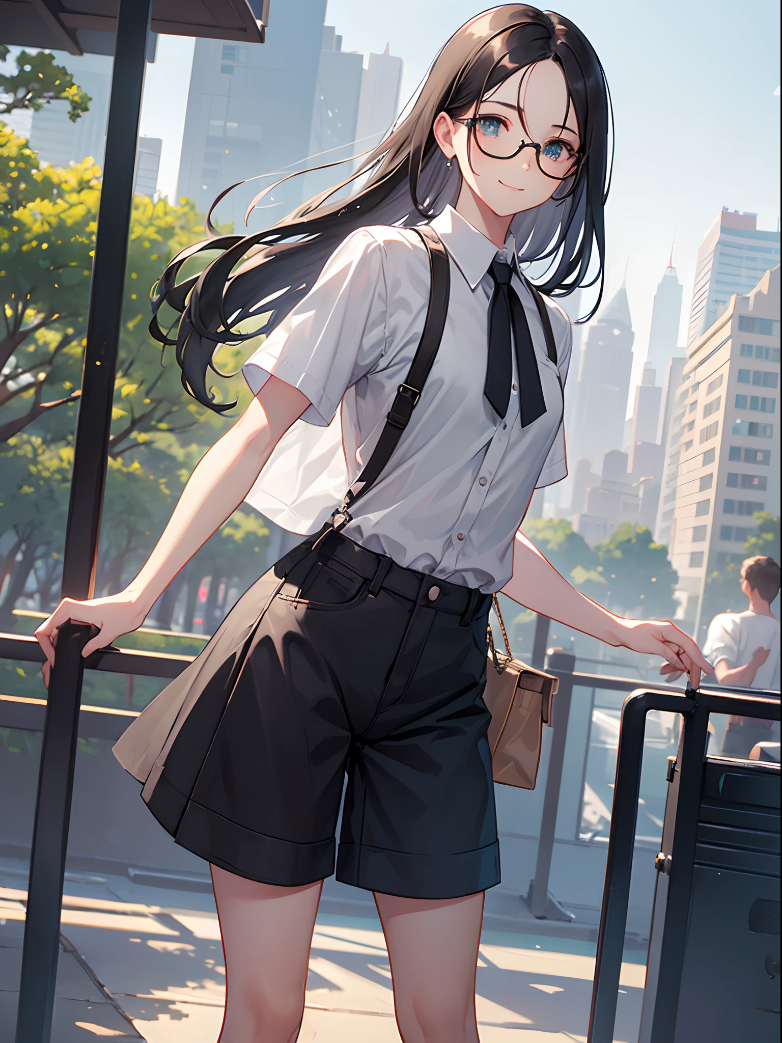 (masterpiece), best quality, expressive eyes, perfect face, 1girl, solo, (bokeh: 1.2) , (illustration: 1.1), (best eyes: 1.3), (scenery: 1.2), (sketch: 1.1), (colorful: 0.9), (depth of field: 0.75),
(detailed eyes: 1.4), (forehead: 1.2), forehead, long (black) hair, bright eyes, white glasses, green eyes,
(Intricate shirt: 1.4), ((gray color) shirt), put out shirt, ((short sleeves)), button on, ( gray shorts: 1.2), (leather shoes), (show legs), tall body,
looking_at_viewer, smile, park, outdoor, warm, sunny, sunray,