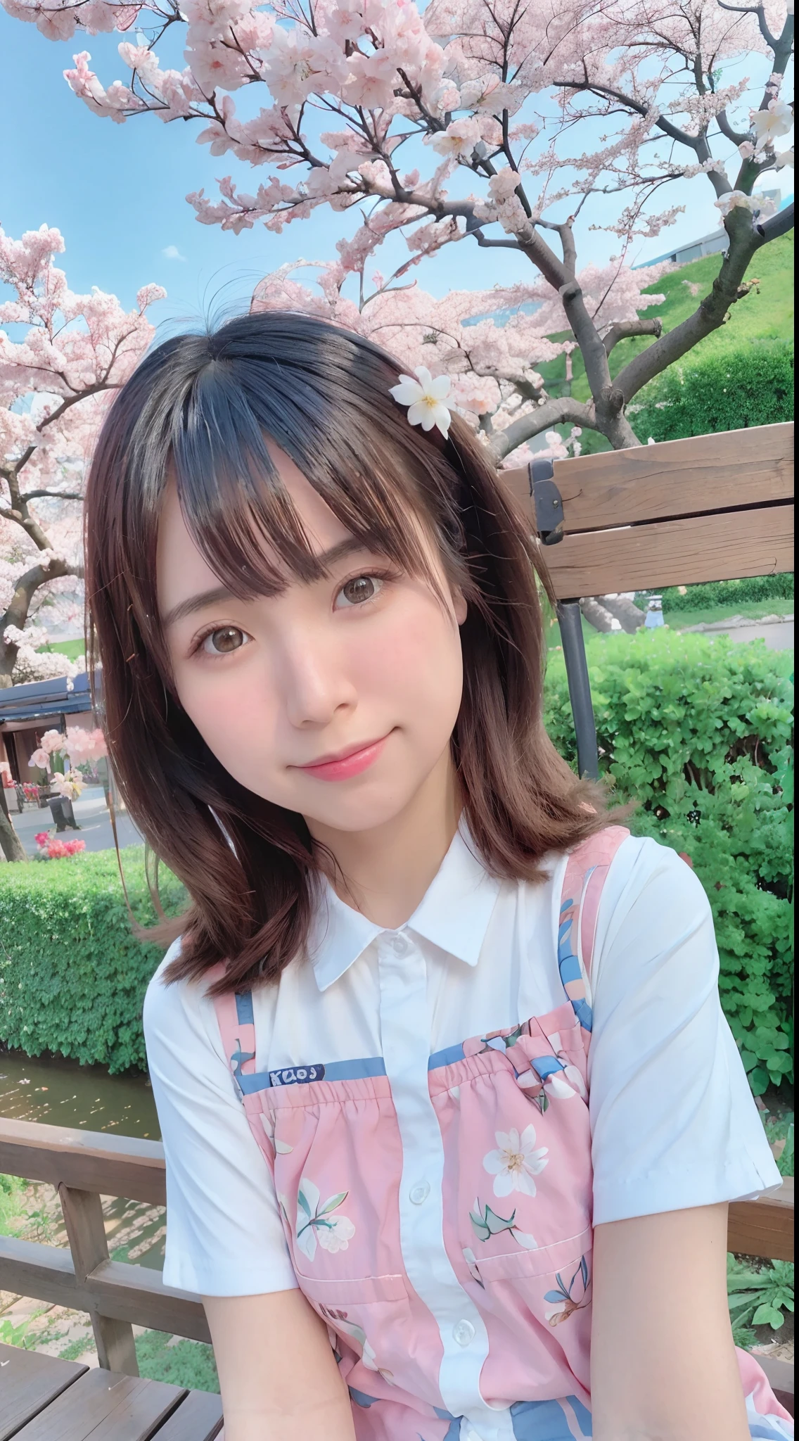 best quality, ultra high res, (photorealistic:1.4),blush,cute,(detailed face),light smile,
looking at viewer,
upper body, japanese clothes,
sunny,river,(cherry blossoms),blue sky,